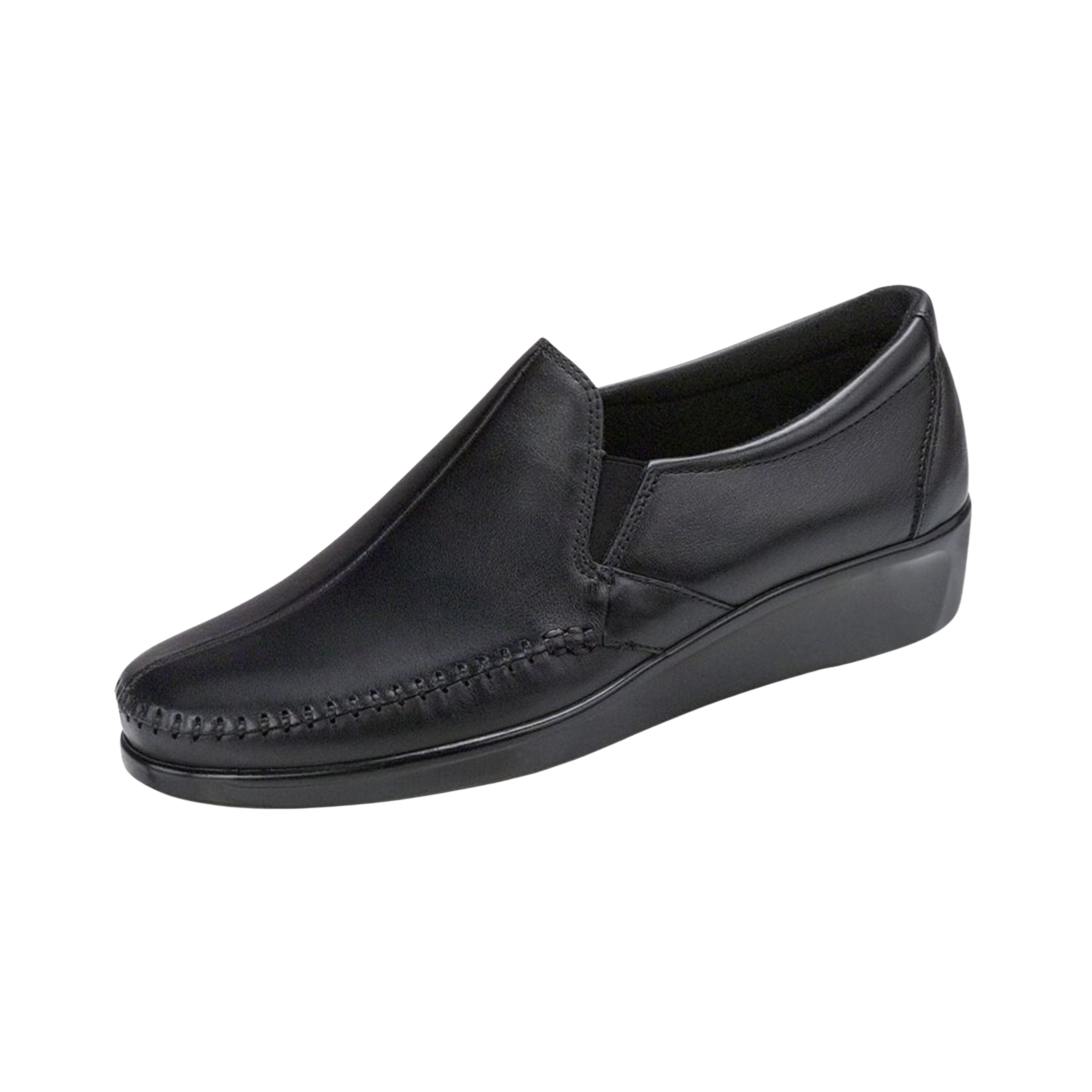 Side View of Women’s SAS Dream slip-on shoe in black – featuring elastic side panels for easy slip-on, lightweight midsole cushioning, and smooth leather finish.