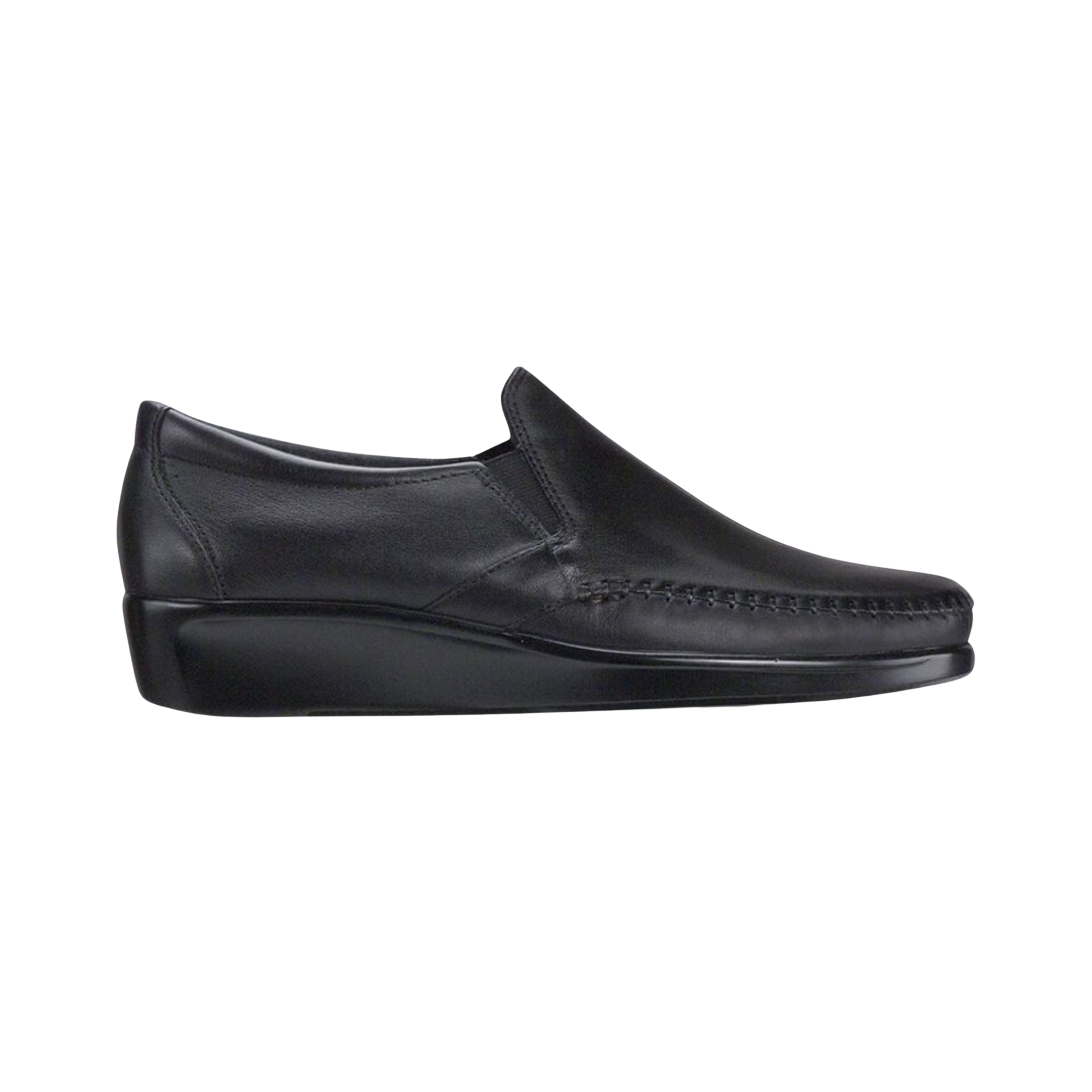 Side View of Women’s SAS Dream slip-on shoe in black – featuring elastic side panels for easy slip-on, lightweight midsole cushioning, and smooth leather finish.