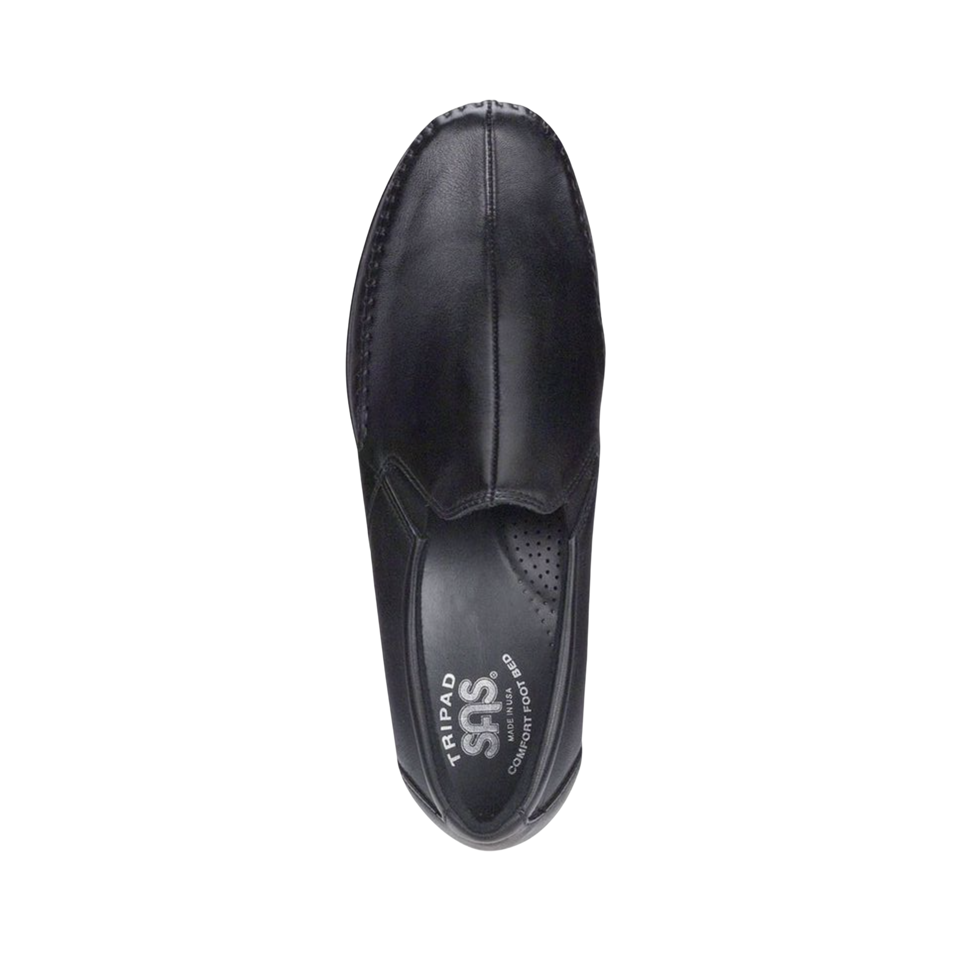 Top View of Women’s SAS Dream slip-on shoe in black – featuring soft leather upper with breathable perforations, cushioned removable footbed with arch support, and padded collar for comfort.
