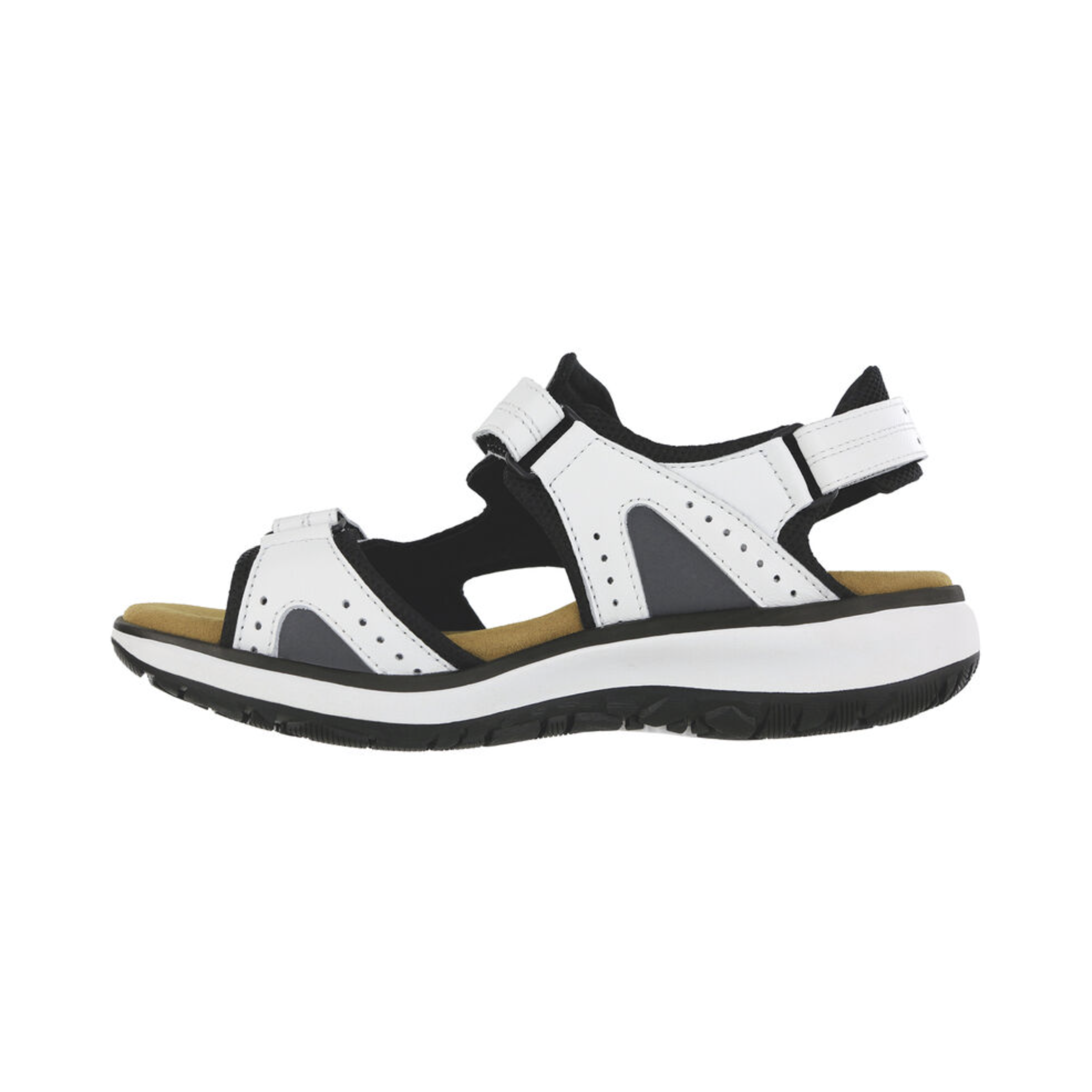 Side View of Women’s SAS Embark Sandal in domino black – featuring ergonomic arch support, flexible sole for natural movement, and padded heel strap for comfort.