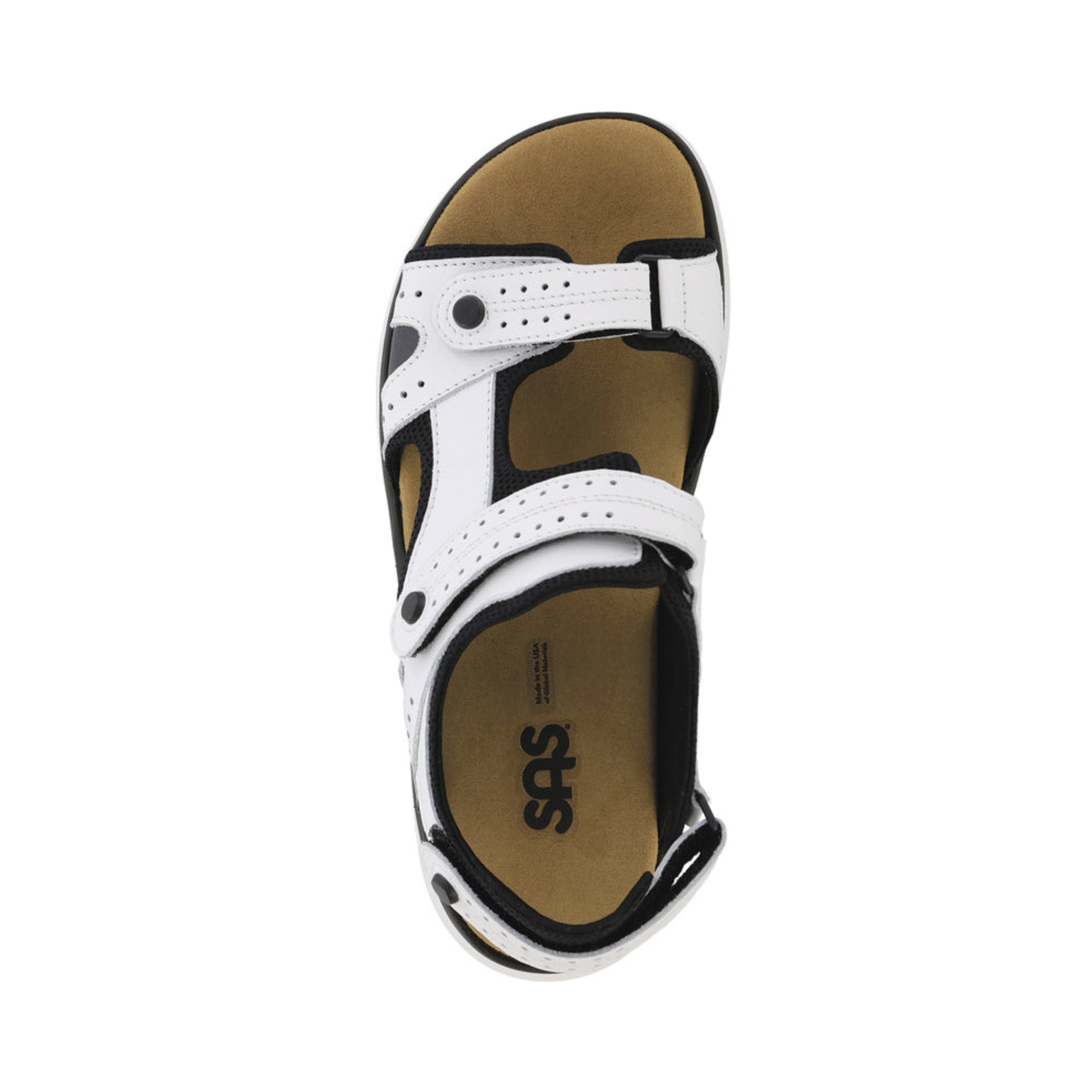 Top View of Women’s SAS Embark Sandal in domino black – featuring soft leather straps with adjustable buckle, memory foam footbed for plush cushioning, and breathable lining for all-day freshness.
