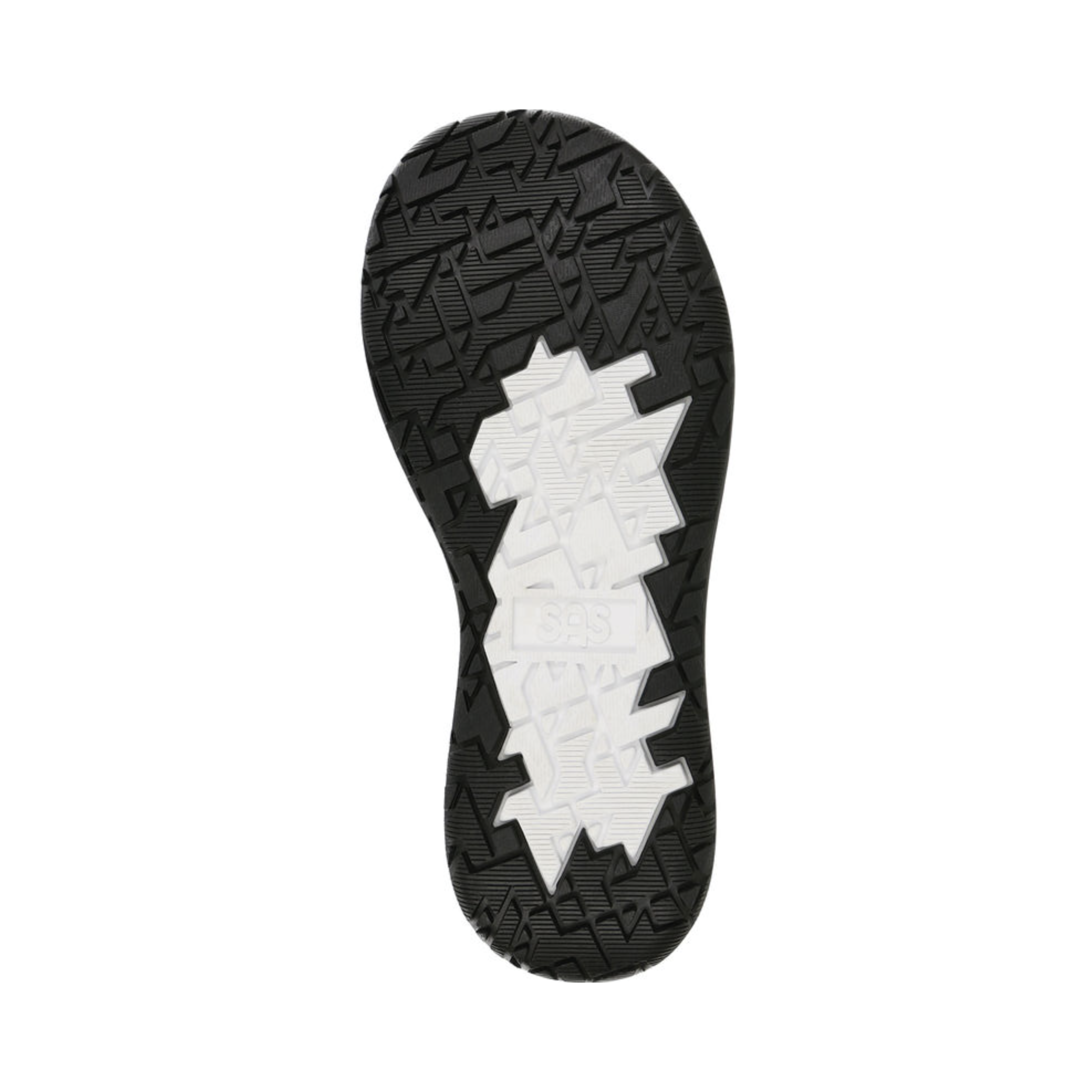 Bottom View of Women’s SAS Embark Sandal in domino black – featuring durable rubber outsole with slip-resistant tread and shock-absorbing heel for secure footing.