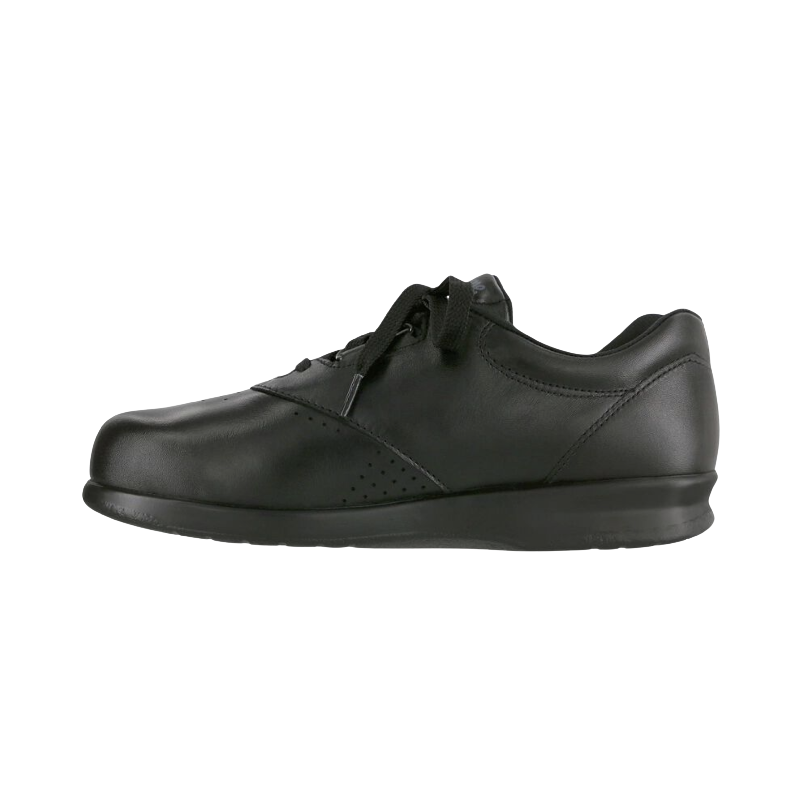 Side View of Women’s SAS Free Time slip-on shoe in black – featuring elastic side panels for easy slip-on and off, lightweight midsole cushioning, and sleek leather finish.