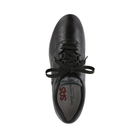 Top View of Women’s SAS Free Time slip-on shoe in black – featuring smooth leather upper with breathable perforations, cushioned removable footbed for arch support, and padded collar for extra comfort.