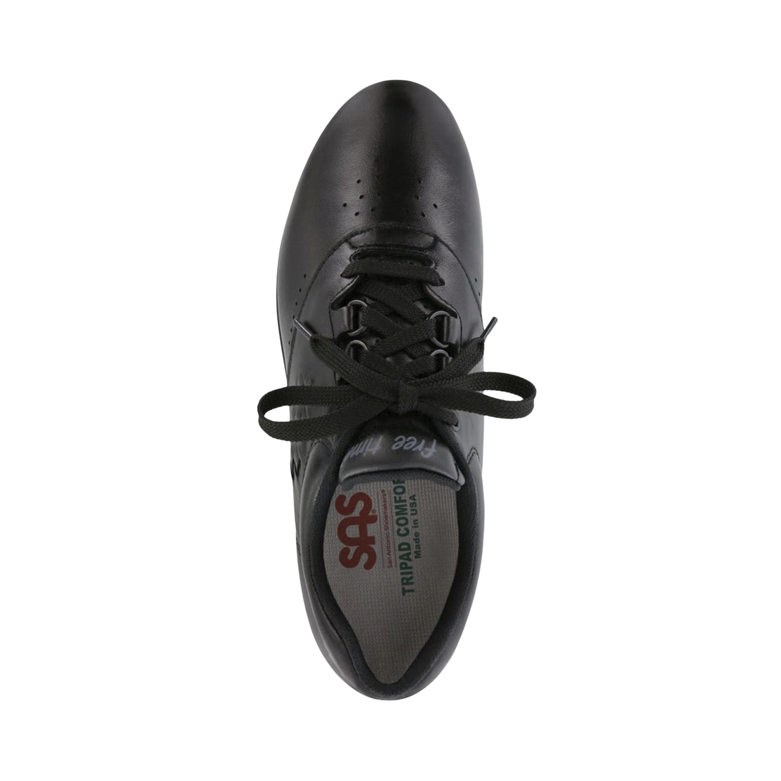 Top View of Women’s SAS Free Time slip-on shoe in black – featuring smooth leather upper with breathable perforations, cushioned removable footbed for arch support, and padded collar for extra comfort.