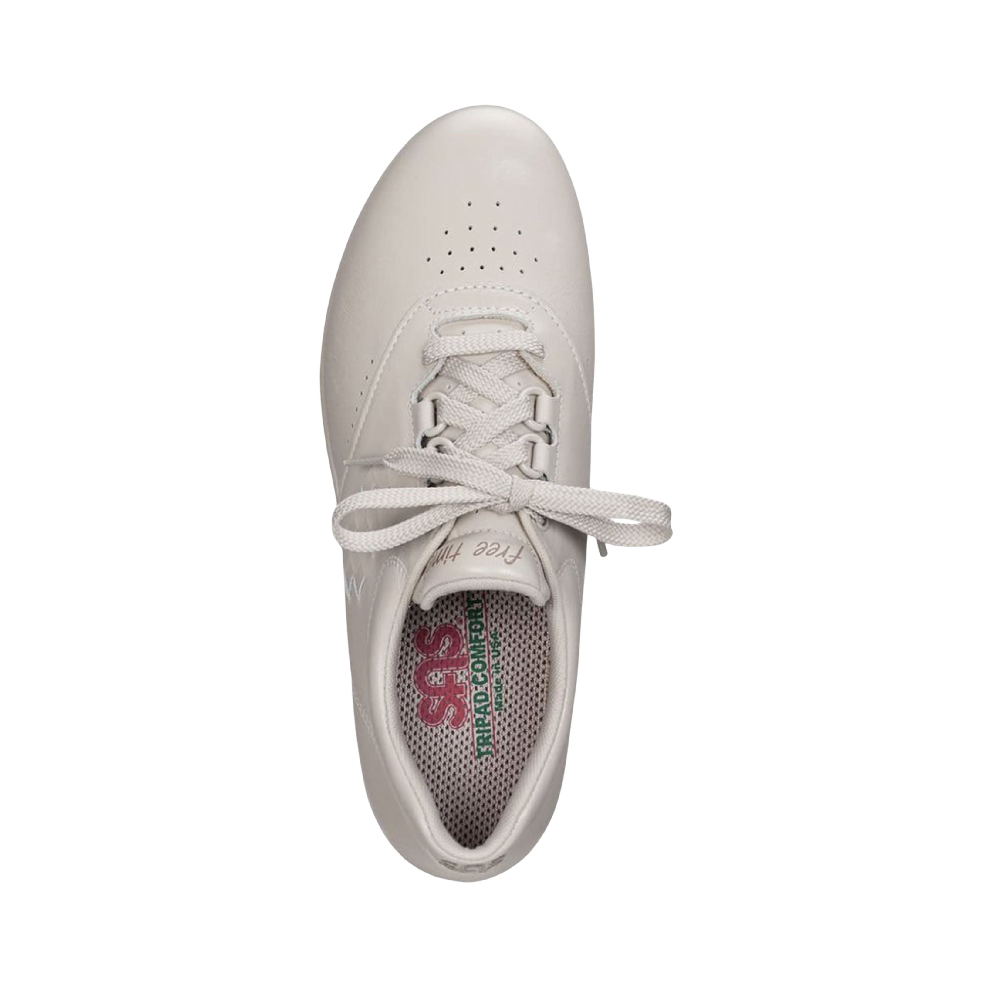 Top View of Women’s SAS Free Time slip-on shoe in bone – featuring soft leather upper with breathable perforations, cushioned removable footbed for arch support, and padded collar for added comfort.