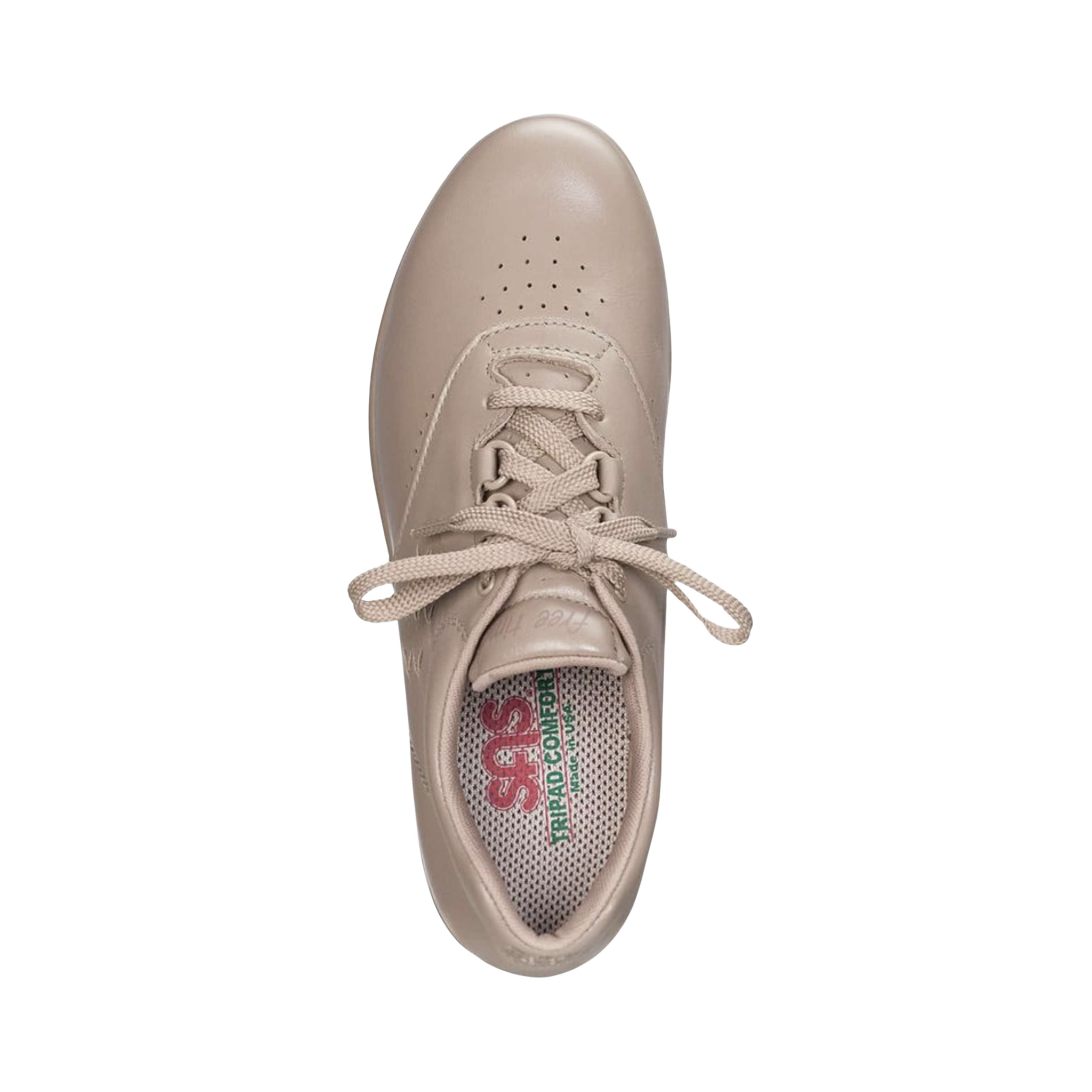 Top View of Women’s SAS Free Time slip-on shoe in mocha – featuring soft leather upper with breathable perforations, cushioned removable footbed for arch support, and padded collar for added comfort.