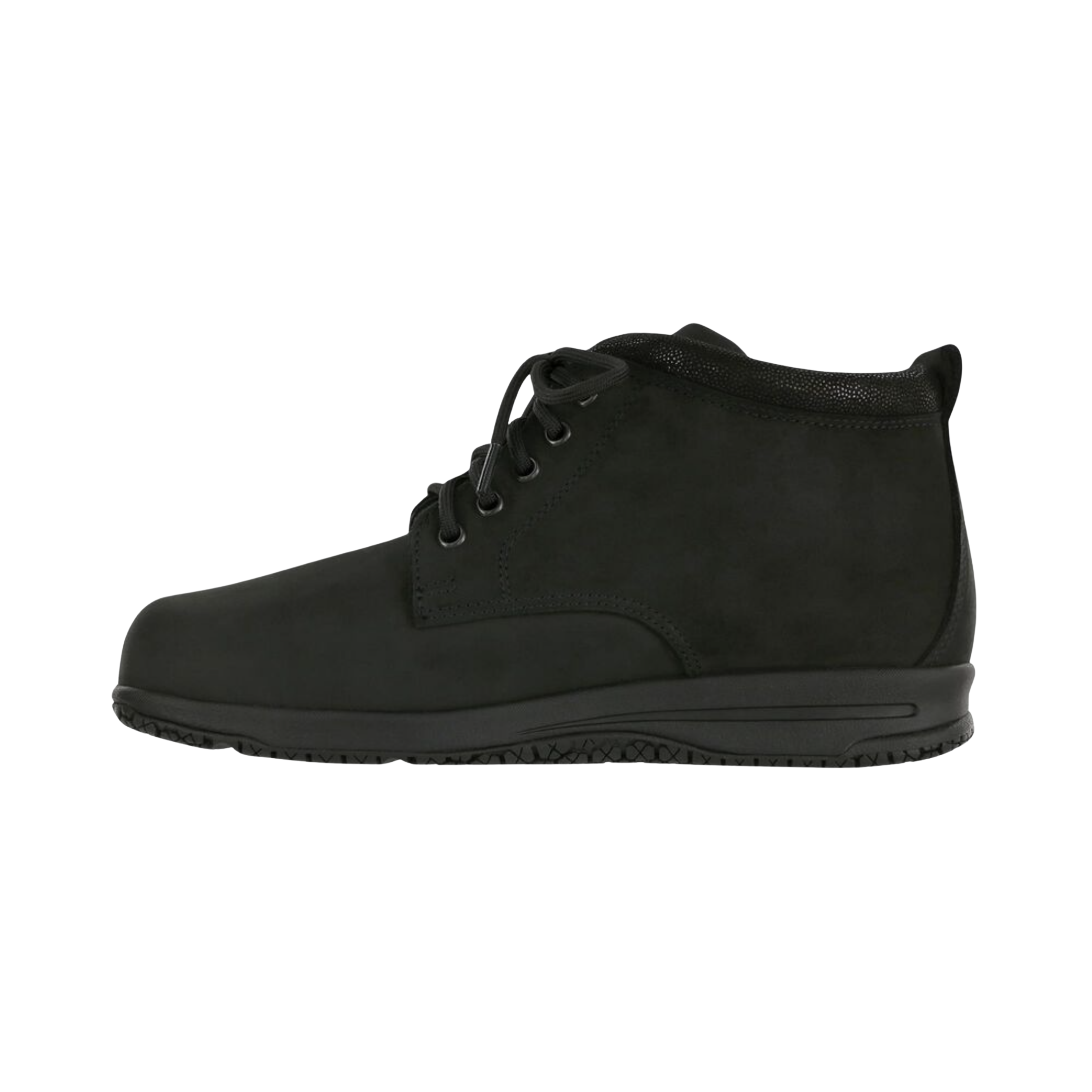 Side View of Women’s SAS Gretchen Chukka Boot in black moondust – featuring genuine leather upper, cushioned footbed for comfort, and ankle-high chukka silhouette.