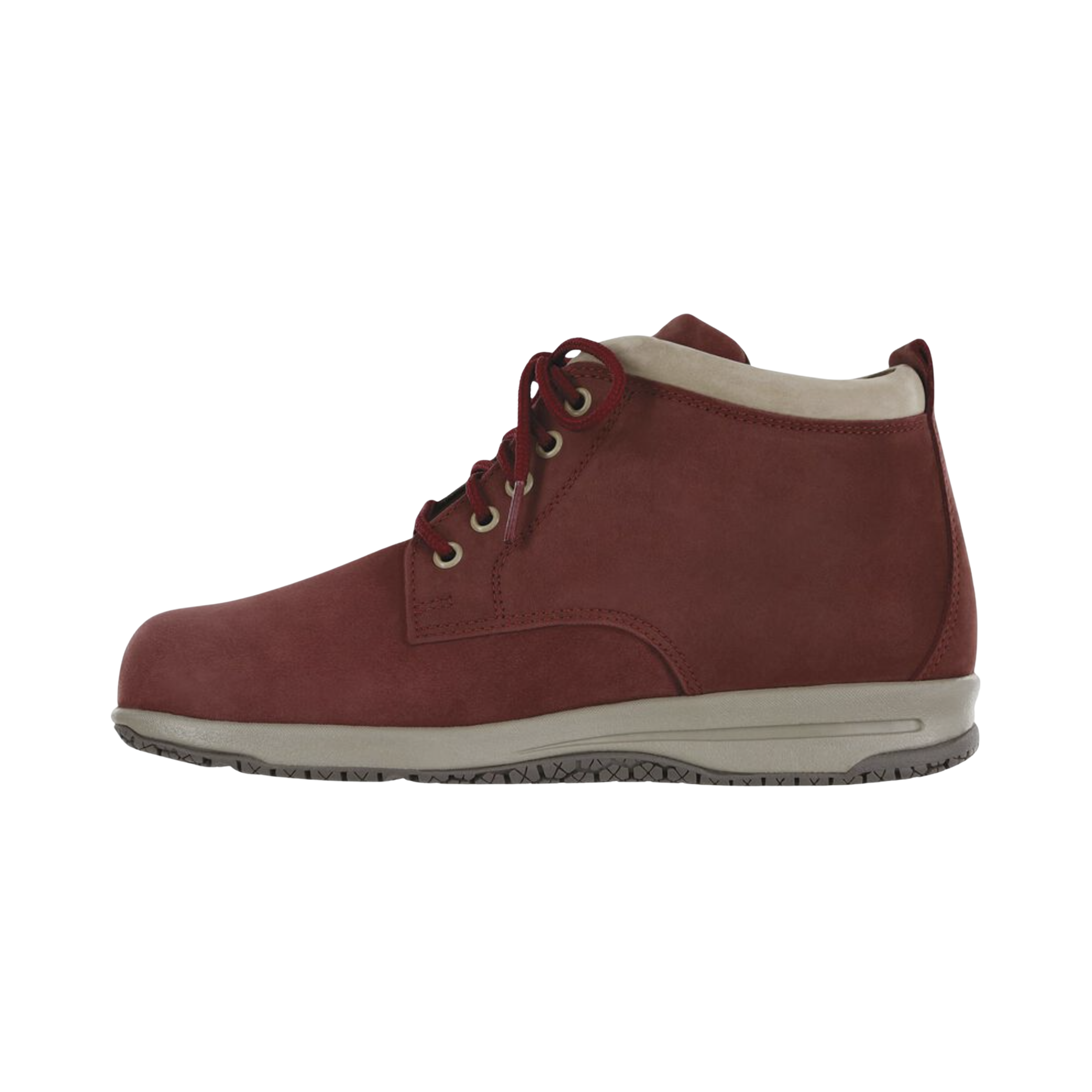 Side View of Women’s SAS Gretchen Chukka Boot in red taupe – featuring genuine leather upper, cushioned footbed for all-day comfort, and ankle-high chukka silhouette.