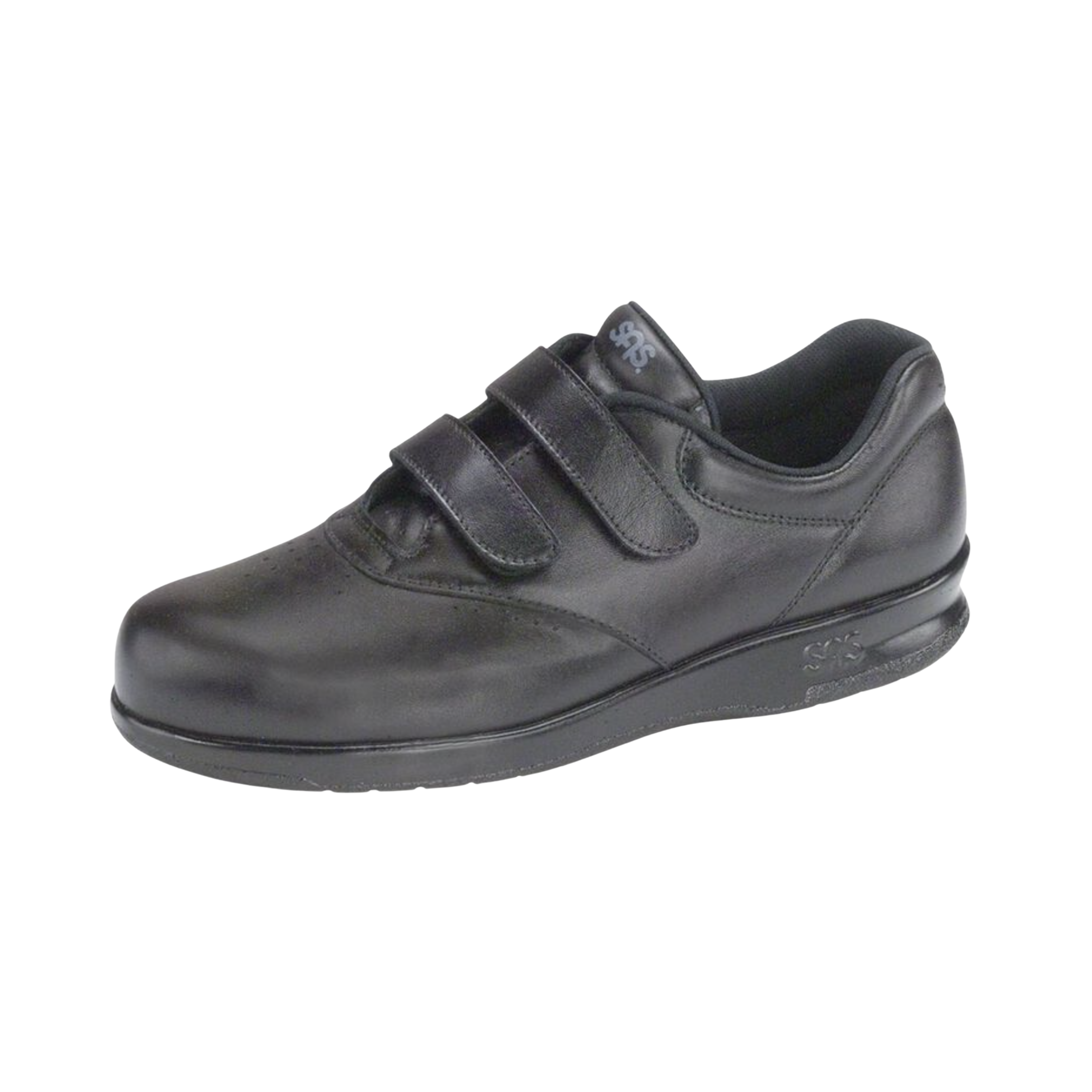 Angled View of Women’s SAS Me Too slip-on shoe in black – featuring elastic gore panels for easy on and off, padded collar for ankle support, and sleek minimalist design.