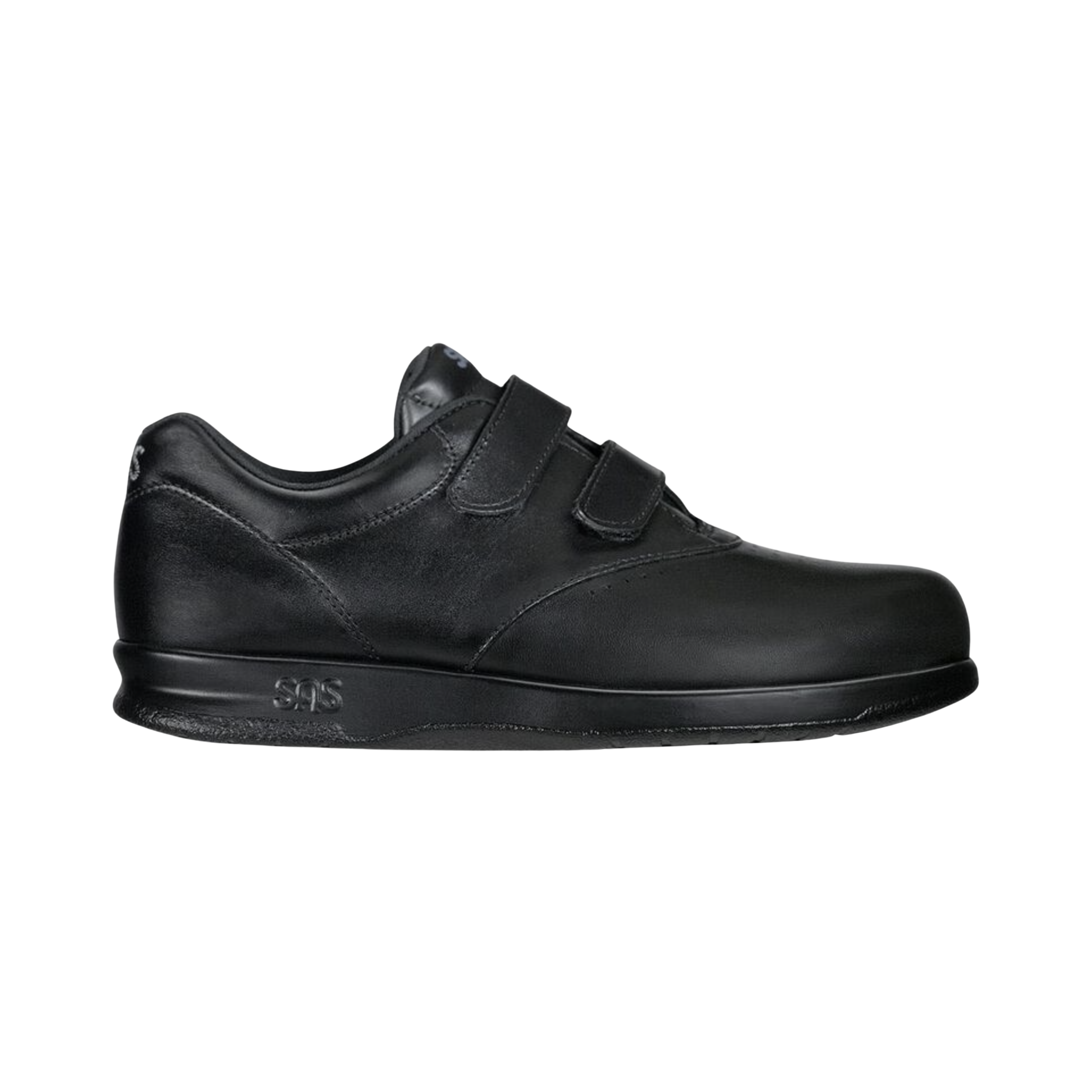 Side View of Women’s SAS Me Too slip-on shoe in black – featuring soft leather upper, cushioned memory foam footbed, and flexible rubber outsole for all-day comfort.