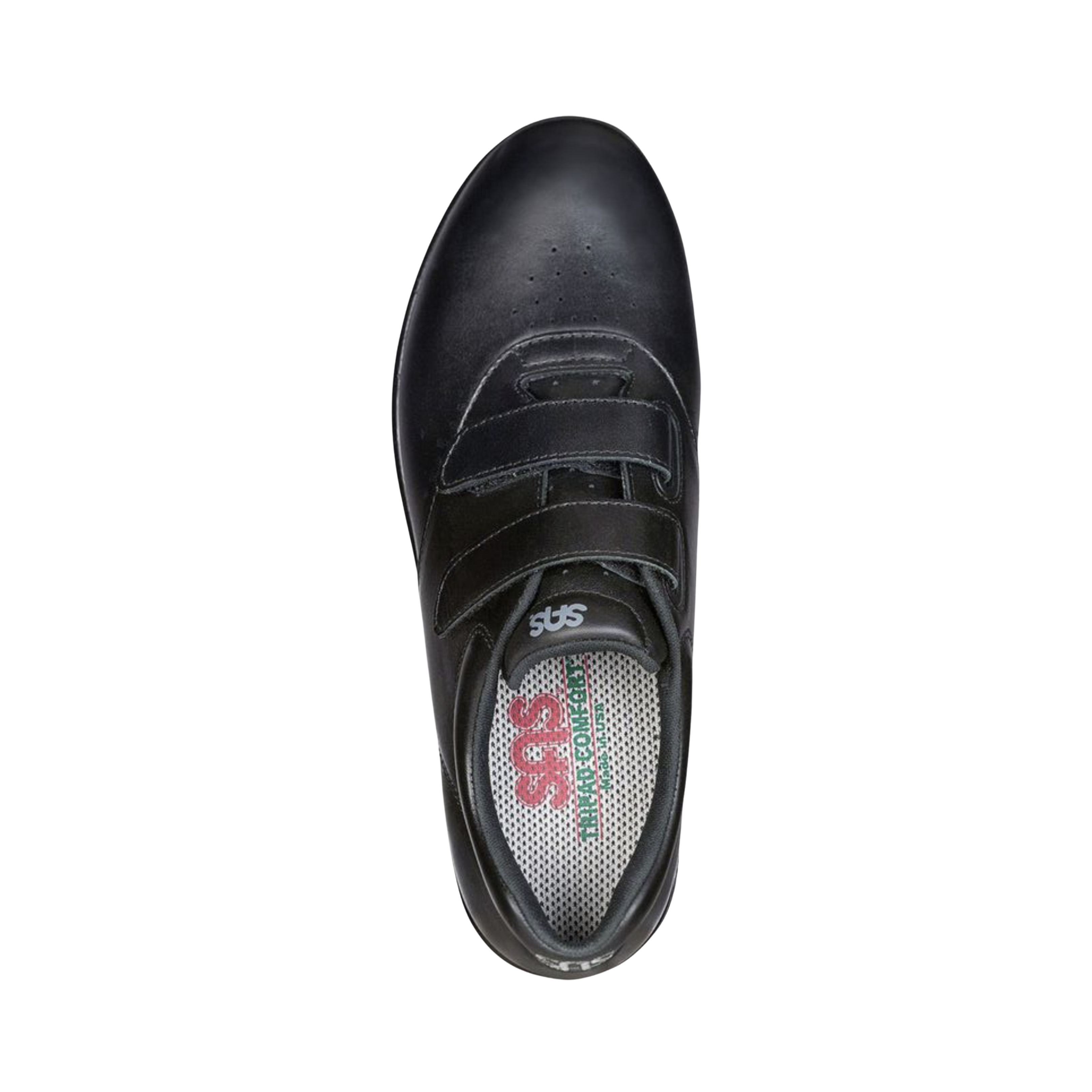 Top View of Women’s SAS Me Too slip-on shoe in black – featuring soft leather upper, cushioned memory foam footbed, and flexible rubber outsole for all-day comfort.