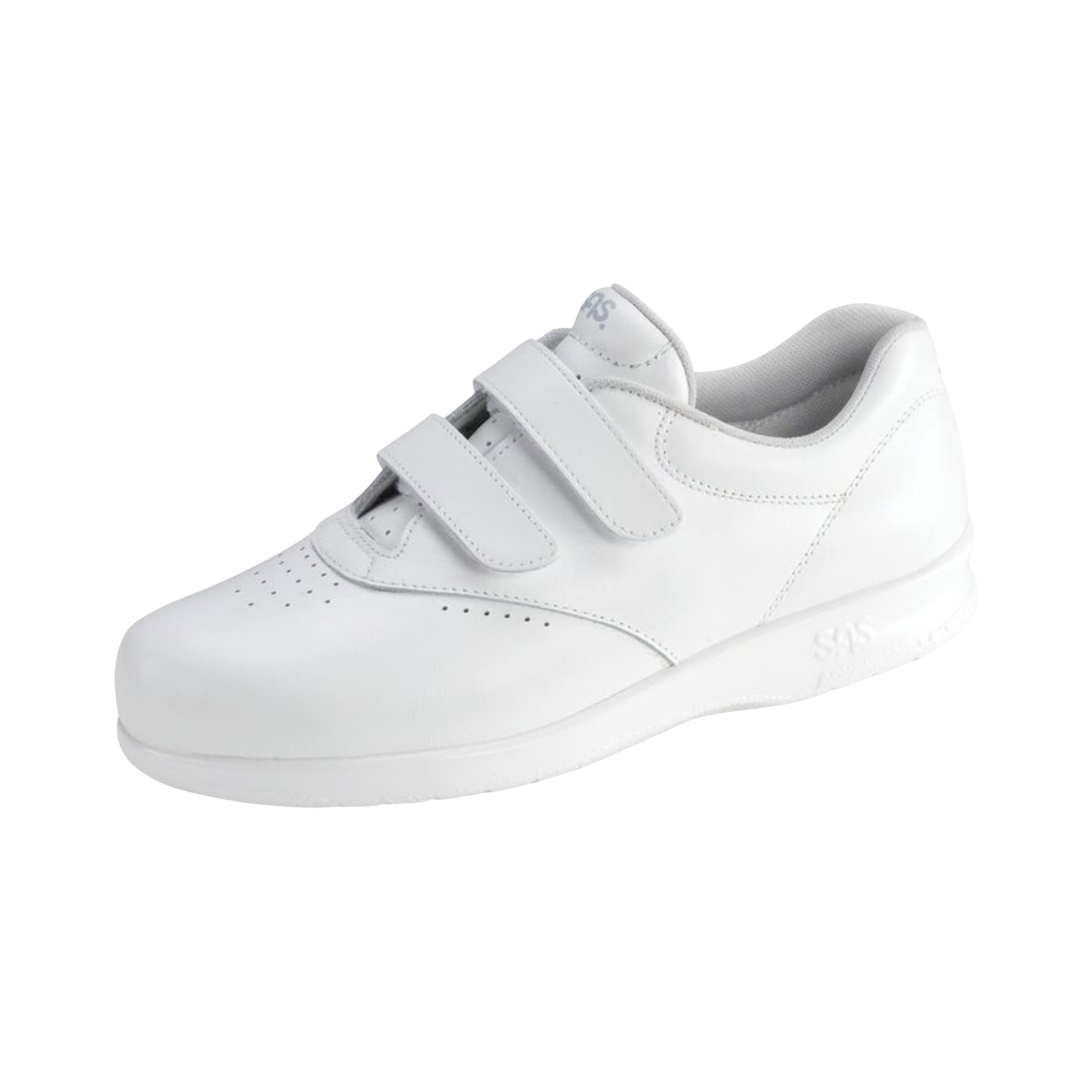 Angled View of Women’s SAS Me Too slip-on shoe in white – featuring elastic gore panels for easy on and off, padded collar for ankle support, and sleek low-profile design.