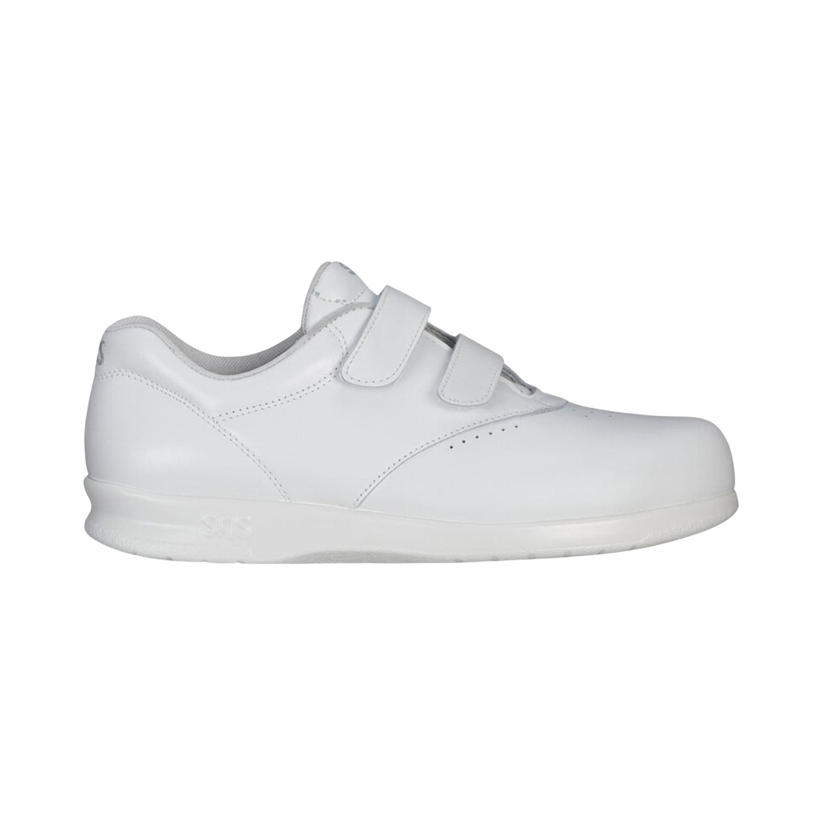Side View of Women’s SAS Me Too slip-on shoe in white – featuring soft leather upper, cushioned footbed with memory foam, and flexible rubber outsole for all-day comfort.