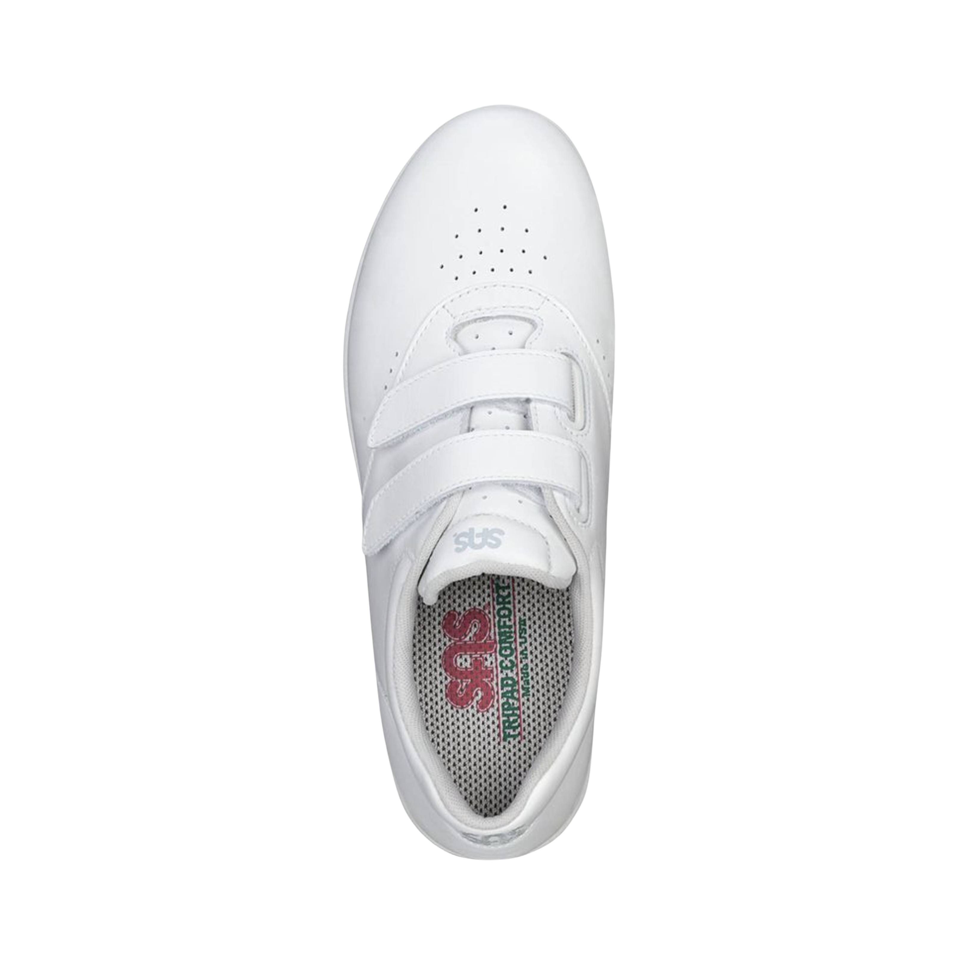 Top View of Women’s SAS Me Too slip-on shoe in white – featuring soft leather upper, cushioned footbed with memory foam, and flexible rubber outsole for all-day comfort.