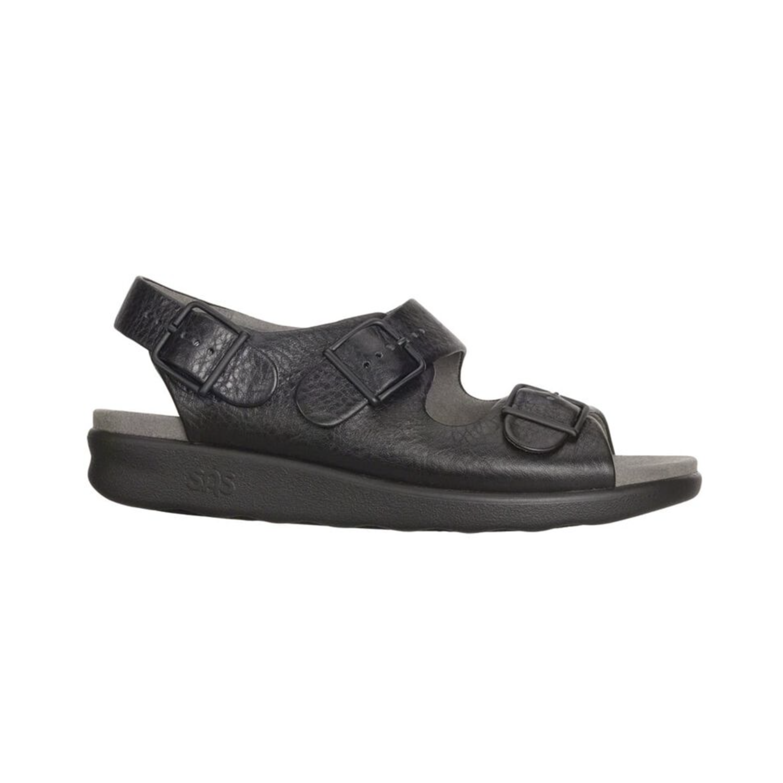 Side View of Women’s SAS Relaxed Sandal in black – featuring ergonomic arch support, flexible lightweight sole, and padded heel strap for added comfort.