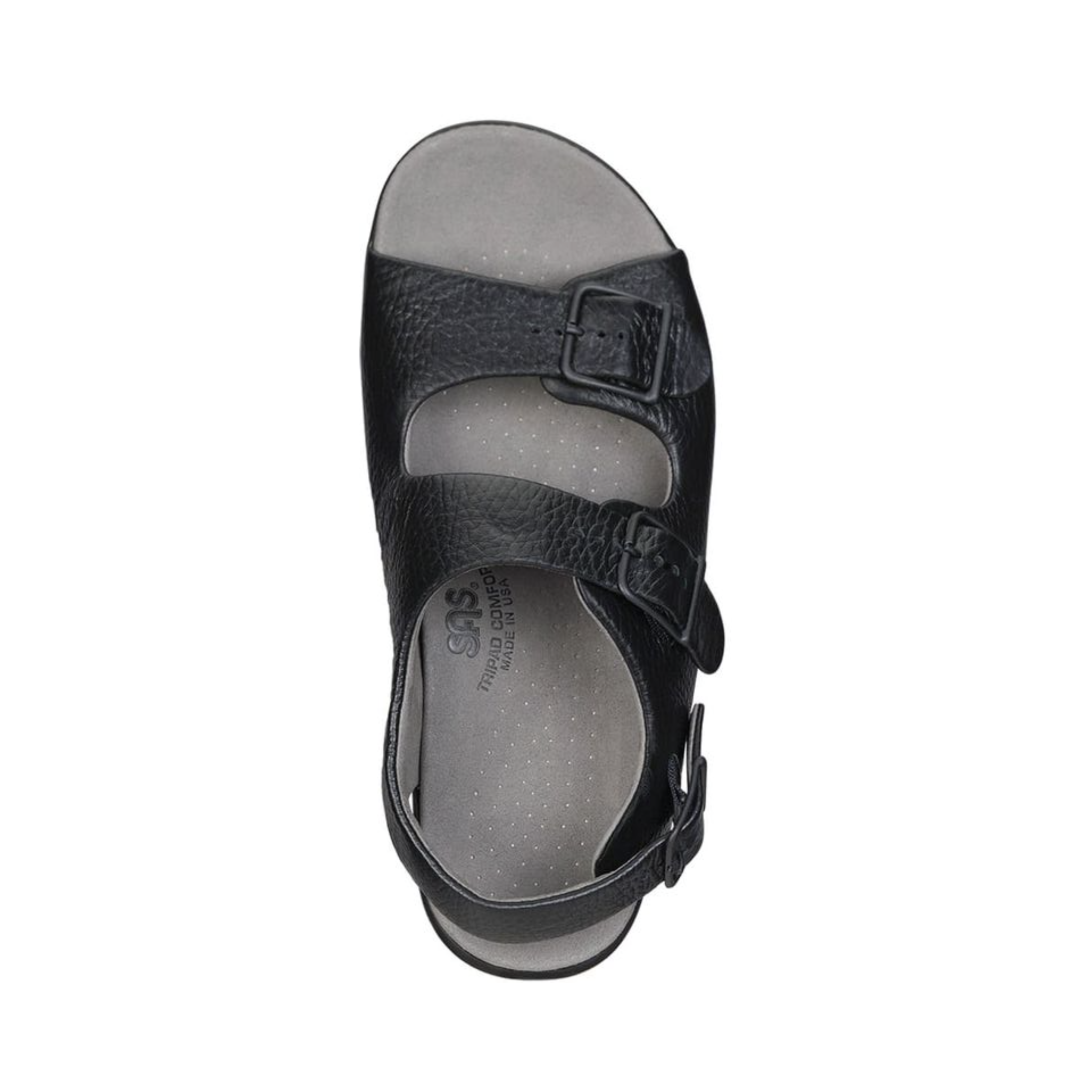 Top View of Women’s SAS Relaxed Sandal in black – featuring soft leather straps with adjustable buckle, memory foam footbed for cushioned support, and breathable lining to keep feet dry.
