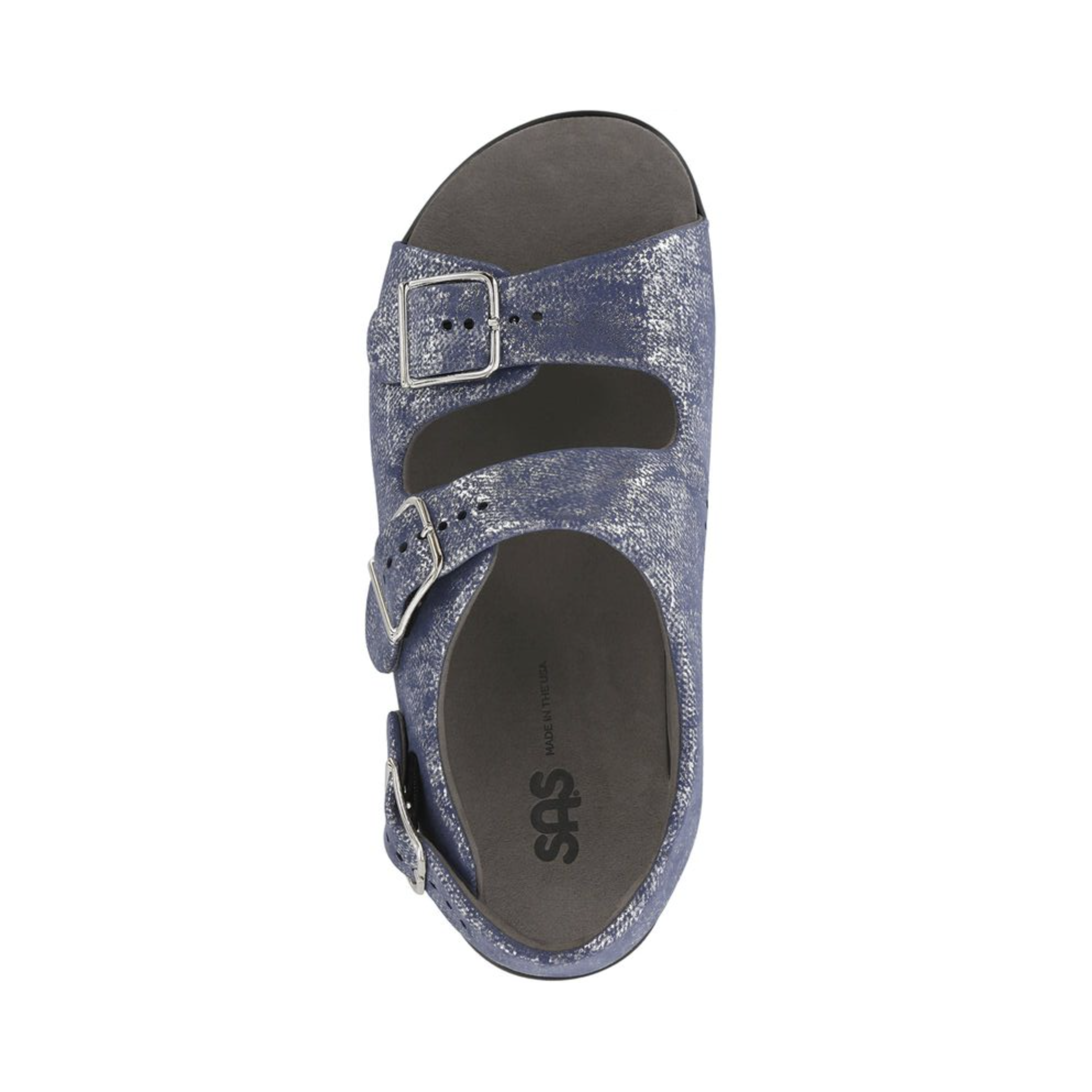 Top View of Women’s SAS Relaxed Sandal in silver blue – featuring soft leather straps with adjustable buckle, memory foam footbed for plush cushioning, and breathable lining for moisture control.
