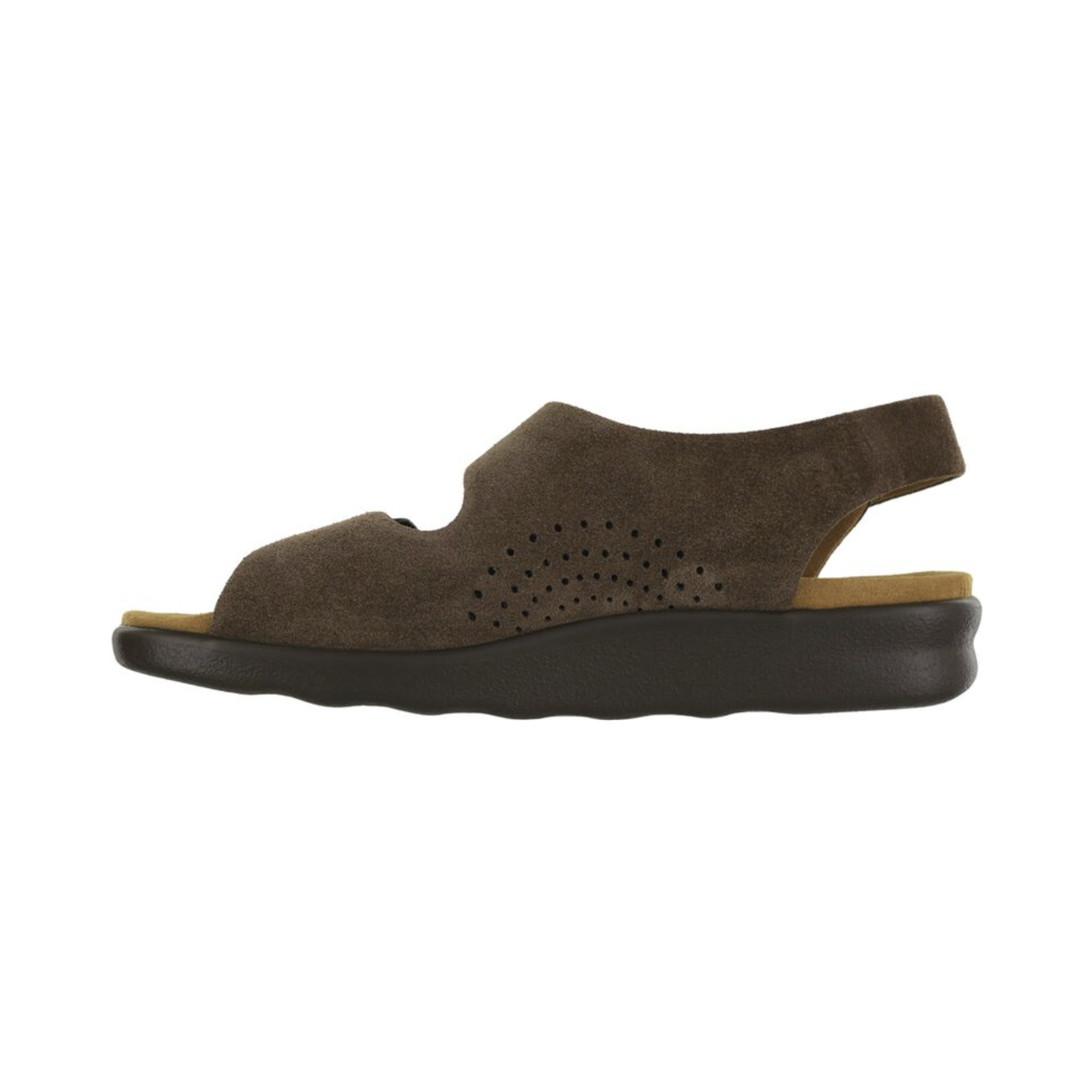 Side View of Women’s SAS Relaxed Sandal in teddy brown – featuring ergonomic arch support, lightweight flexible sole, and padded heel strap for extra comfort.
