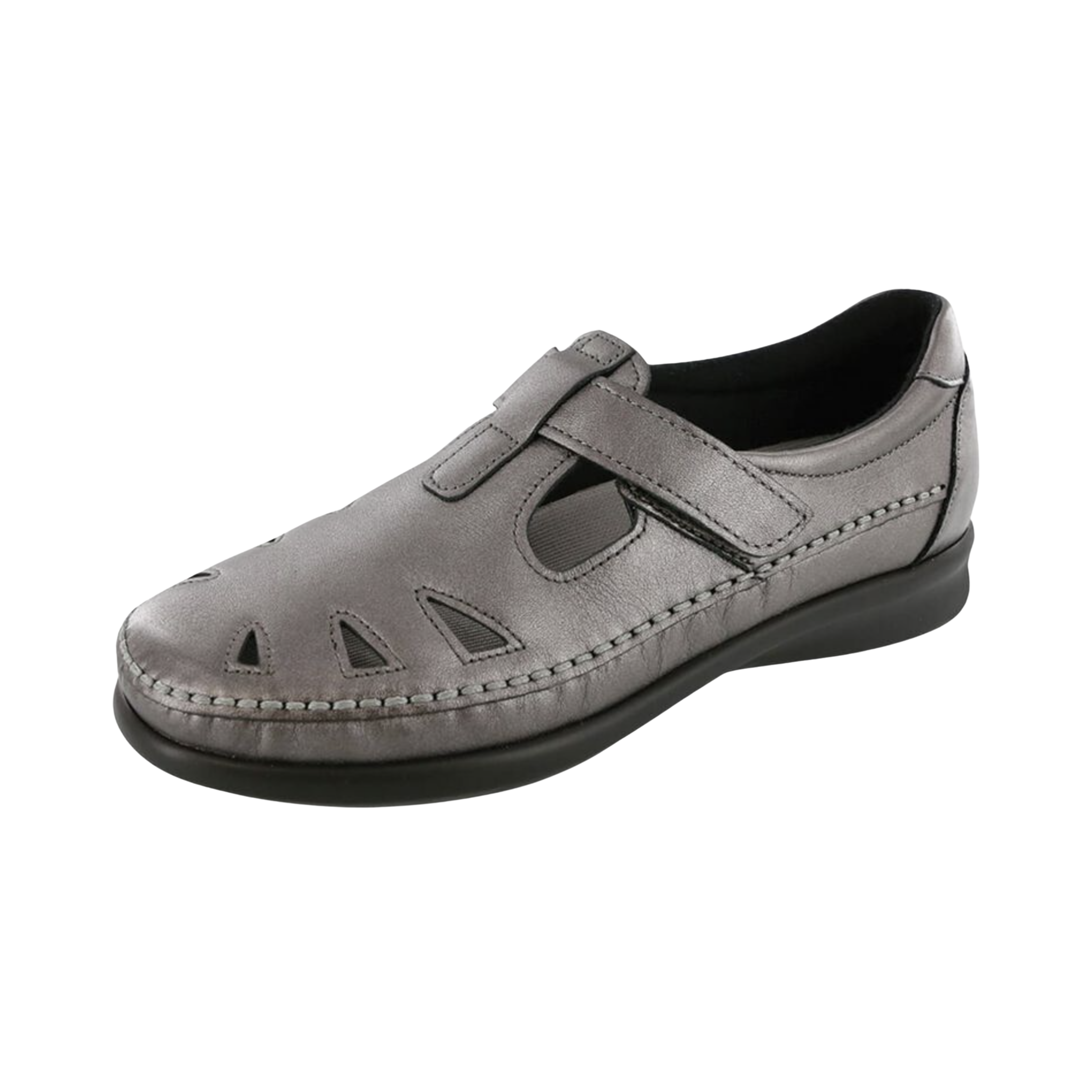Angled View of Women’s SAS Roamer Santolina walking shoe in santolina – featuring adjustable hook-and-loop straps for a secure fit, padded collar for ankle support, and flexible rubber outsole for natural movement.