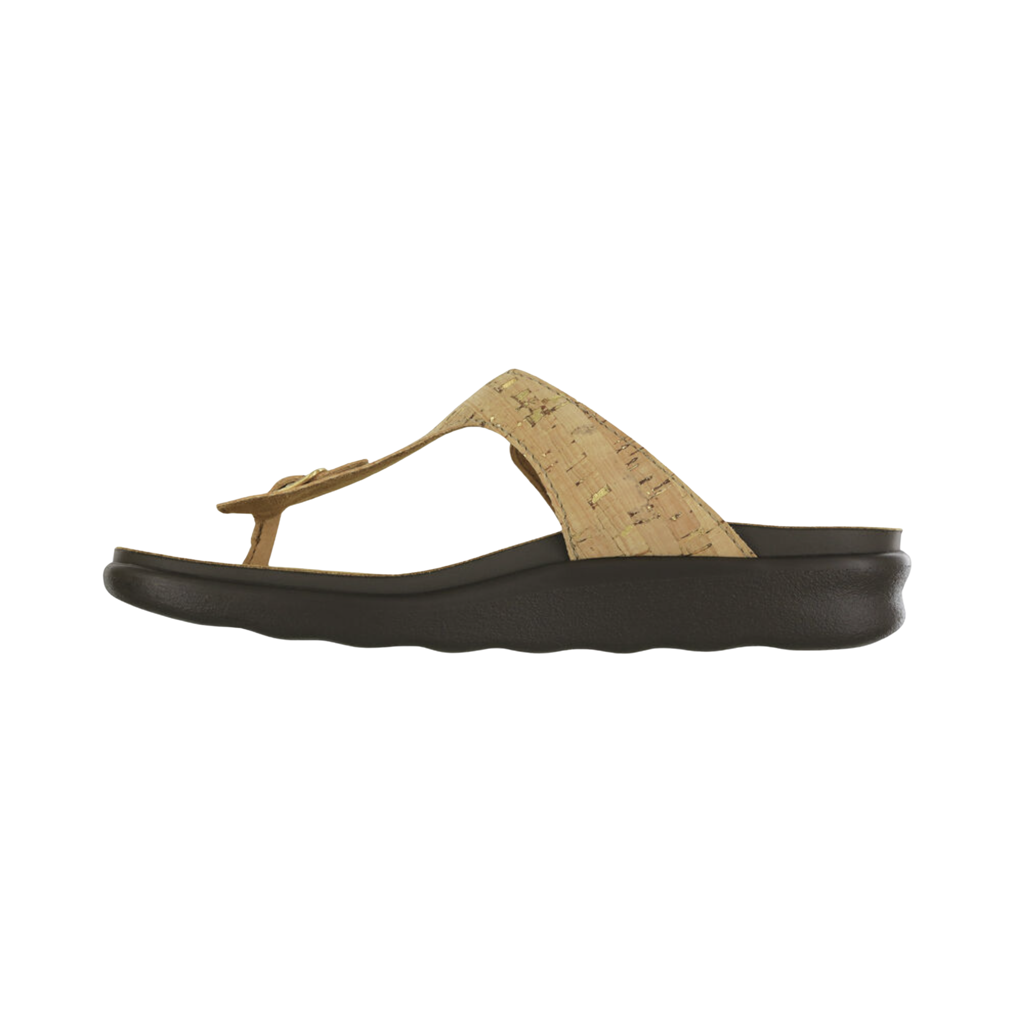 Side View of Women’s SAS Sanibel Sandal in golden cork – featuring soft premium leather upper, adjustable hook-and-loop straps for a customized fit, and anatomically contoured cork footbed with excellent arch support.