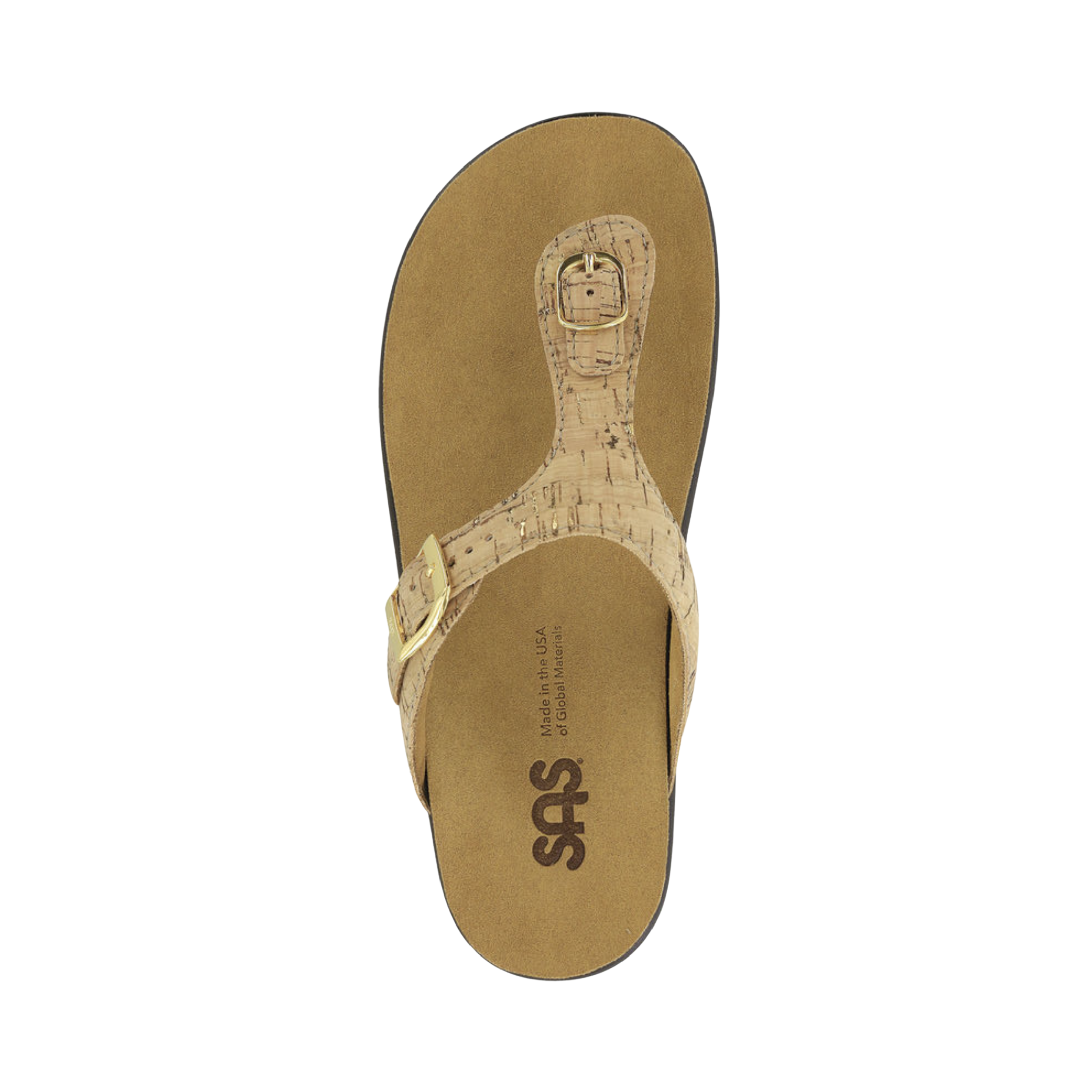 Top View of Women’s SAS Sanibel Sandal in golden cork – featuring soft premium leather upper, adjustable hook-and-loop straps for a customized fit, and anatomically contoured cork footbed with excellent arch support.