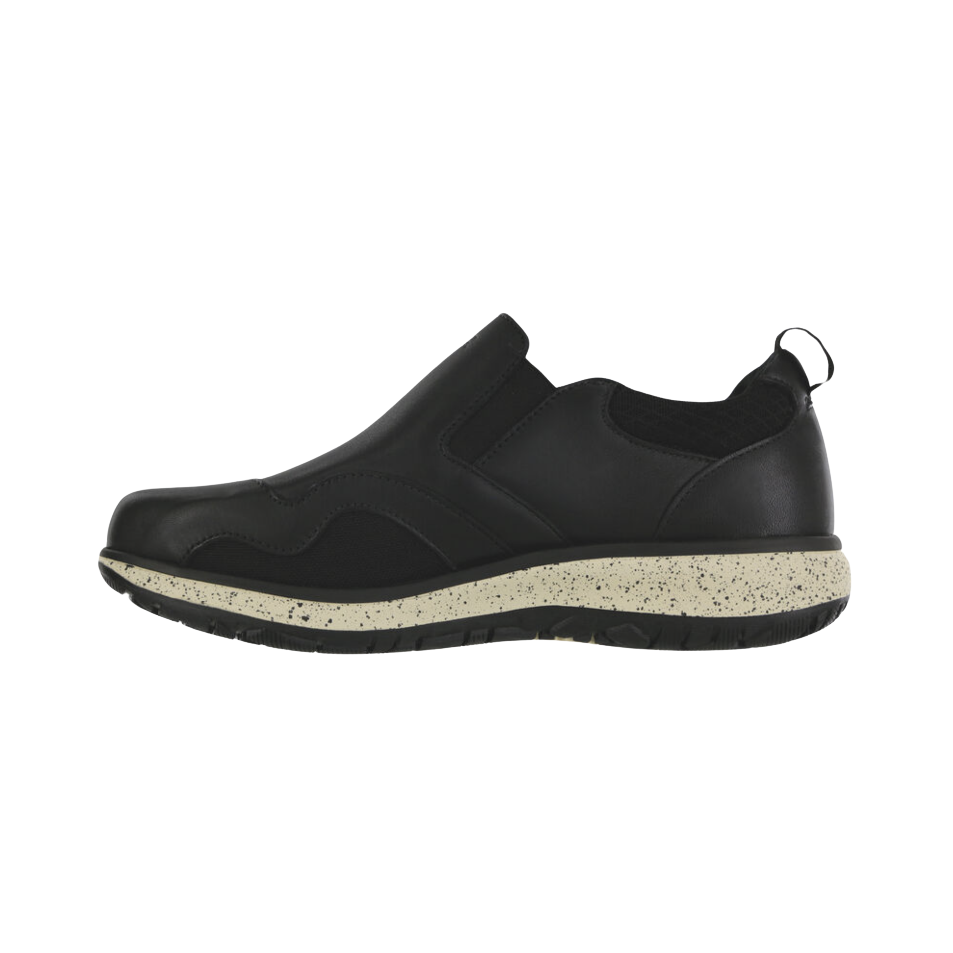 Side View of Women’s SAS Scramble walking shoe in black – featuring water-resistant leather upper, Tripad® comfort system, and rugged sole for outdoor stability.