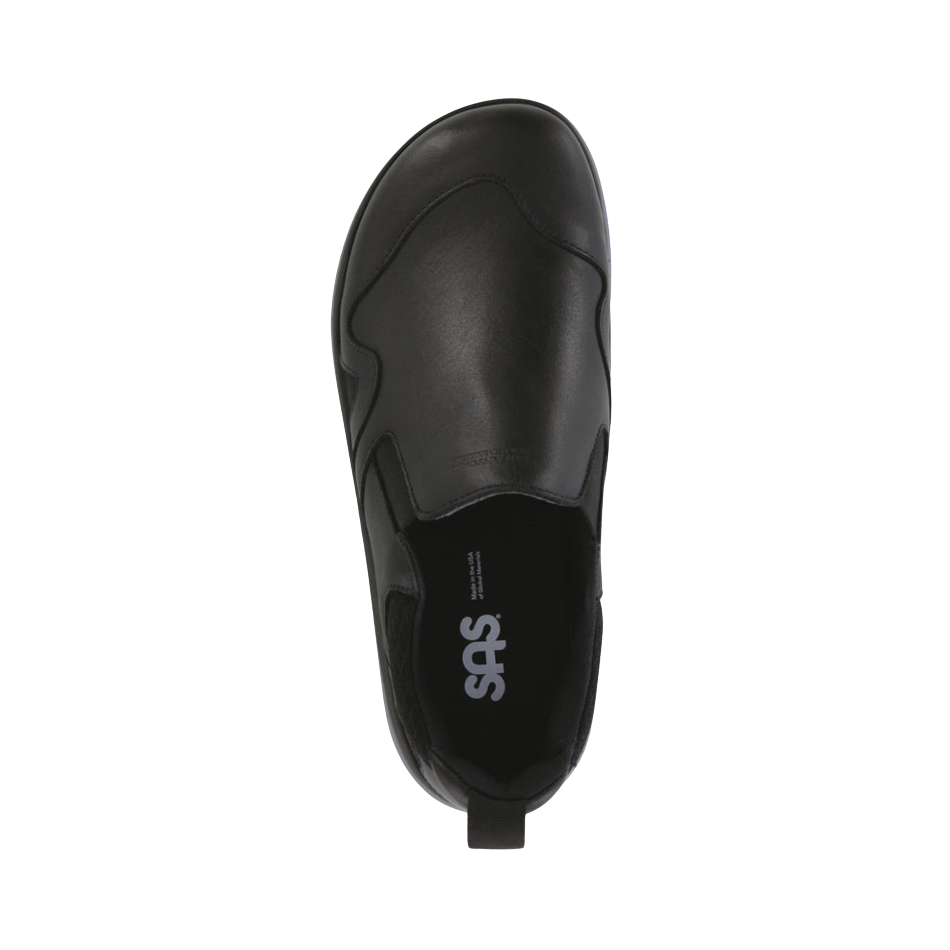 Top View of Women’s SAS Scramble walking shoe in black – featuring rounded toe box, reinforced toe bumper, and mesh-leather blend for breathability.