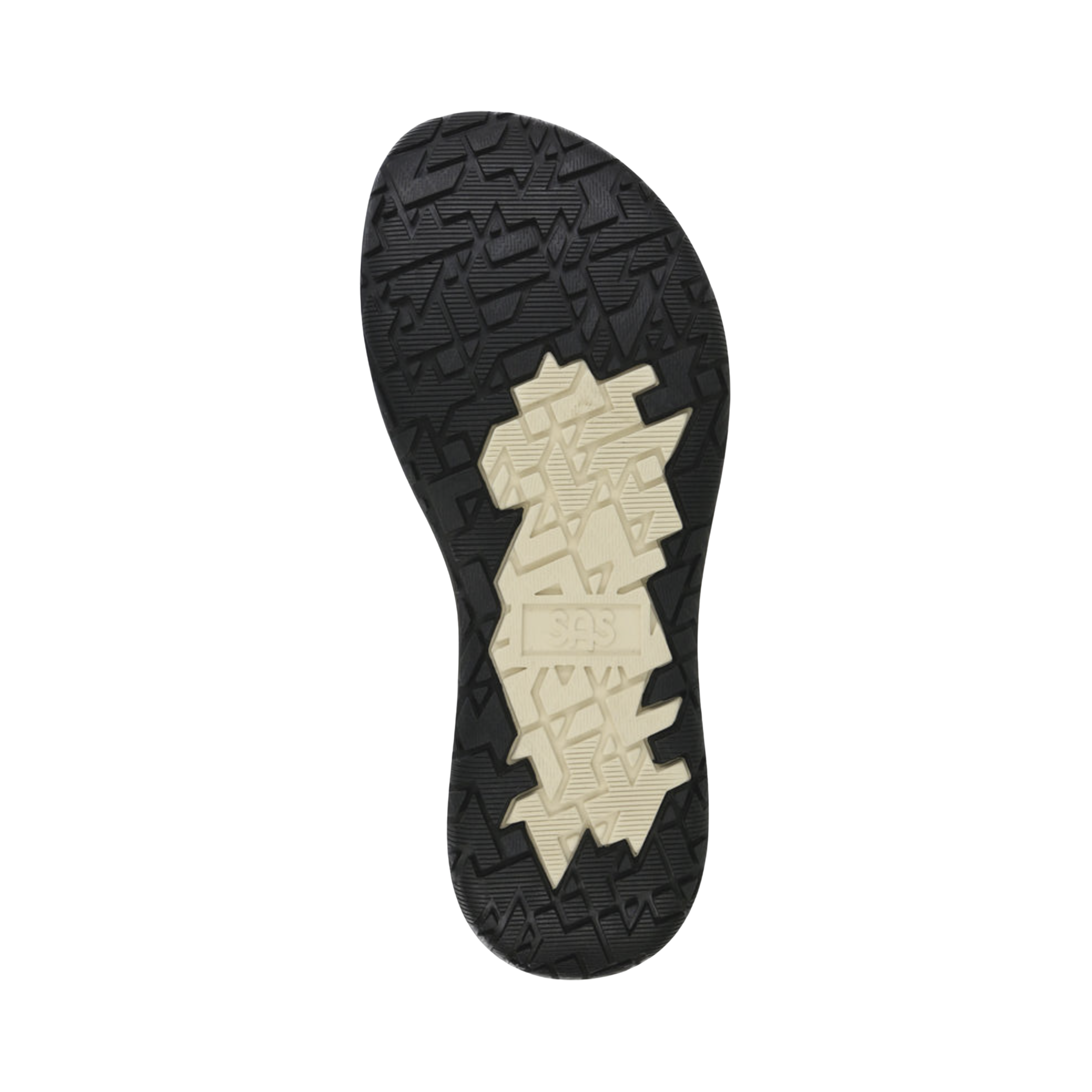 Bottom View of Women’s SAS Scramble walking shoe in black – featuring slip-resistant rubber outsole, deep lugs for traction, and flexible grooves for natural stride.