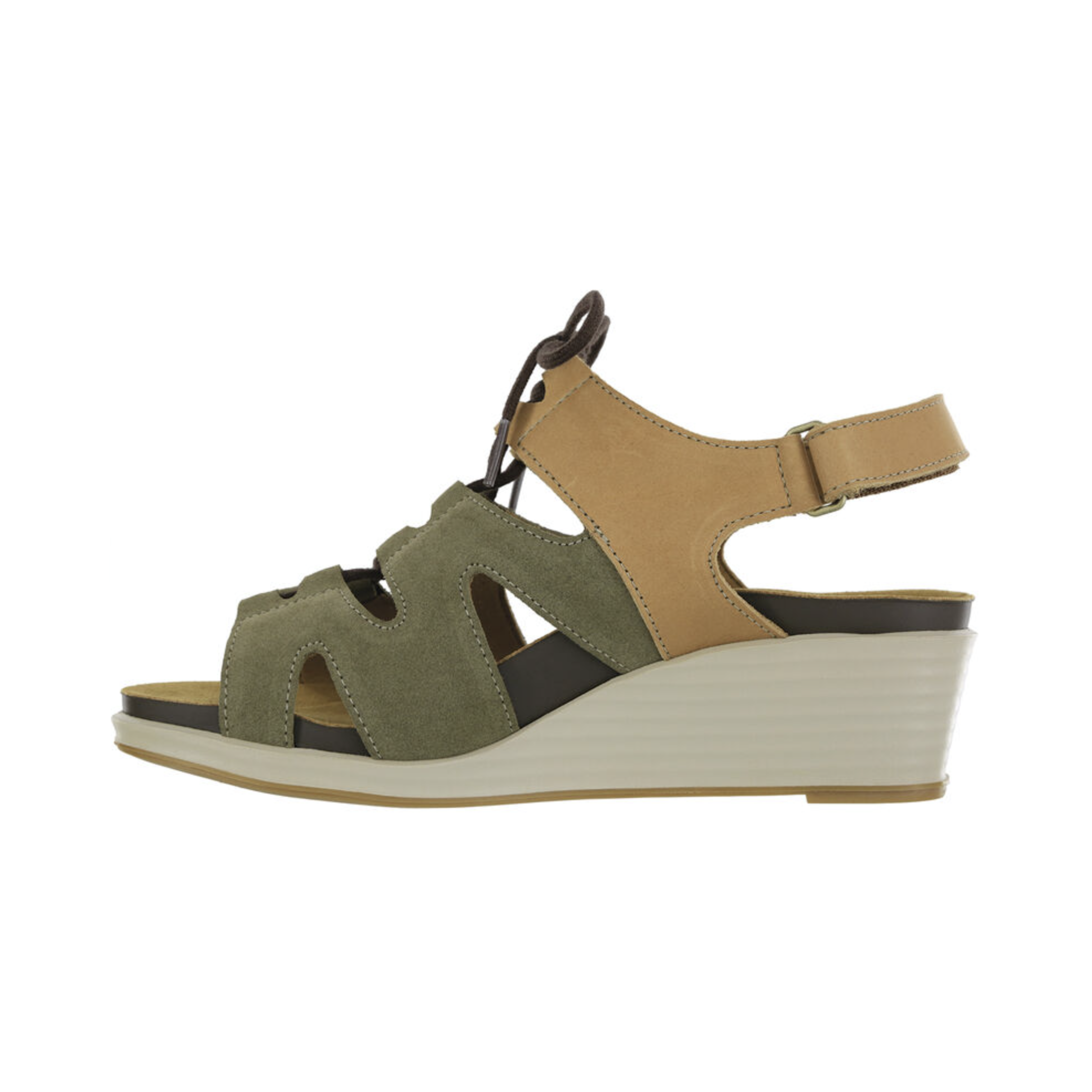 Side View of Women’s SAS Sedona Wedge Sandal in neutral tones – featuring wide toe strap for stability, soft lining to prevent irritation, and open toe design for breathability.