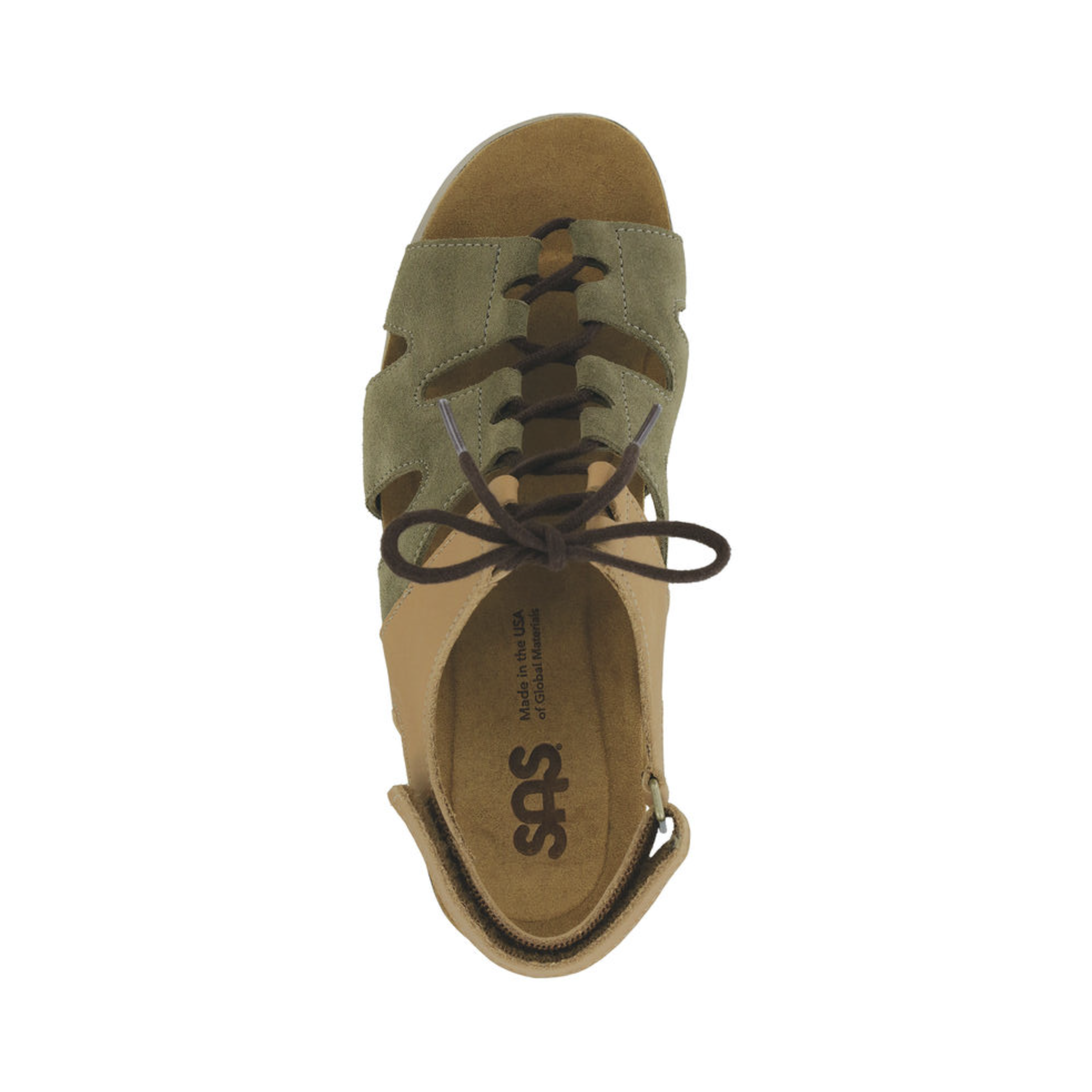 Top View of Women’s SAS Sedona Wedge Sandal in neutral tones – featuring soft leather straps with adjustable buckles for a personalized fit, cushioned footbed with arch support, and breathable lining for all-day comfort.