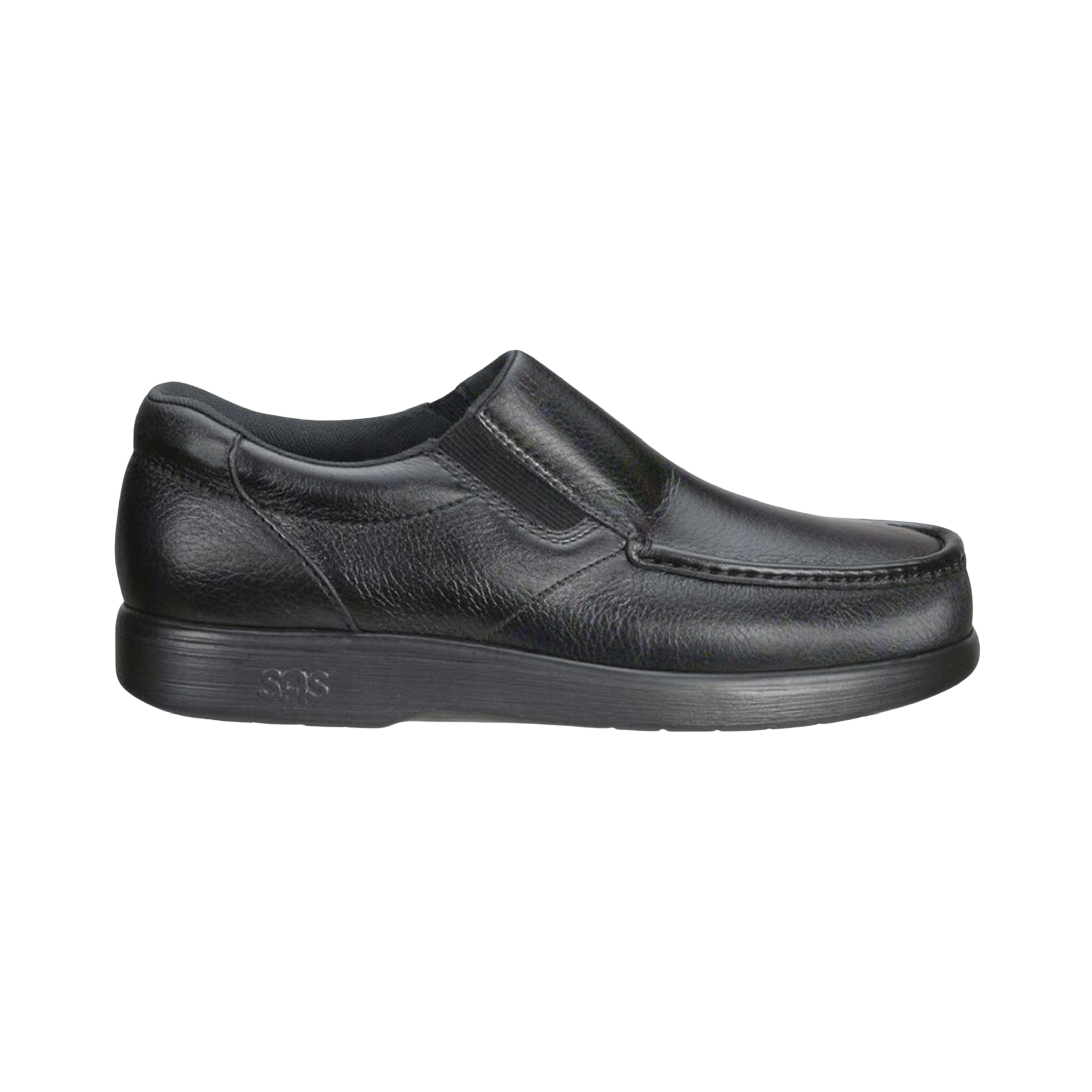 Side View of men's SAS Side Gore slip-on shoe in black smooth leather – featuring sleek profile with twin elastic gore panels for easy entry and a flexible, snug fit.
