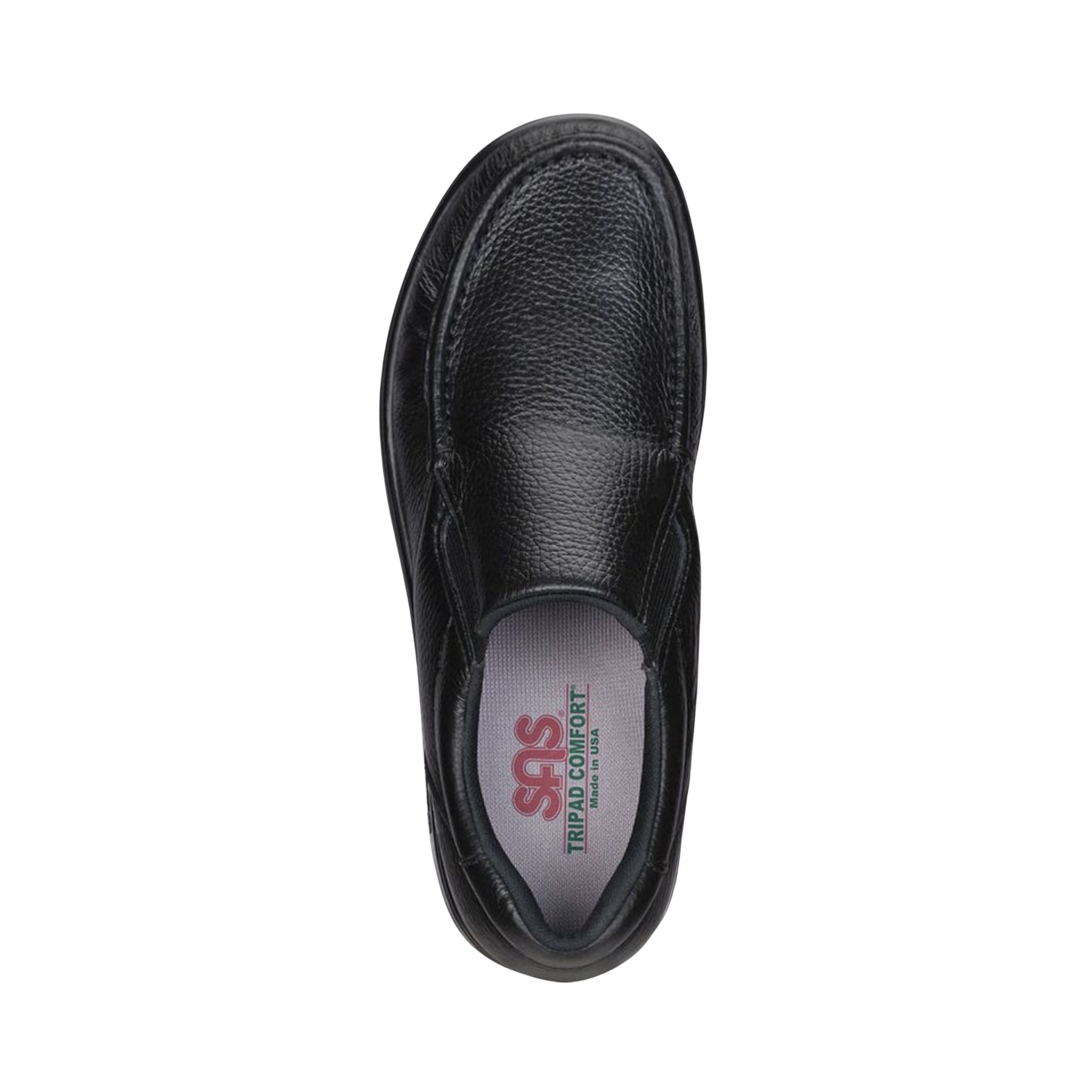 Top View of men's SAS Side Gore slip-on shoe in black smooth leather – showcases cushioned footbed with arch support, spacious toe box, and padded collar for lasting comfort.