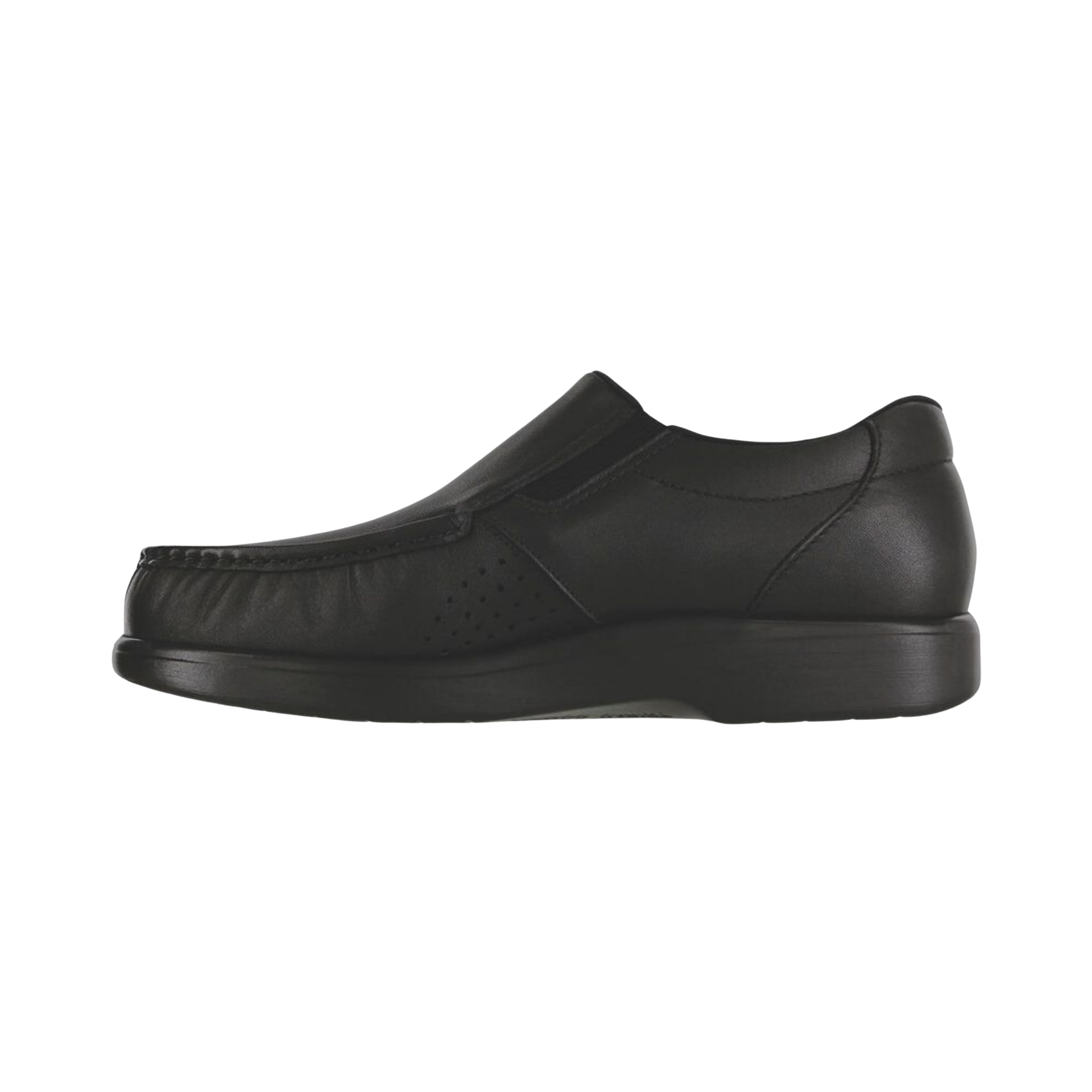 Side View of men's SAS Side Gore slip-on shoe in black smooth leather – featuring sleek profile with twin elastic gore panels for easy entry and a flexible, snug fit.