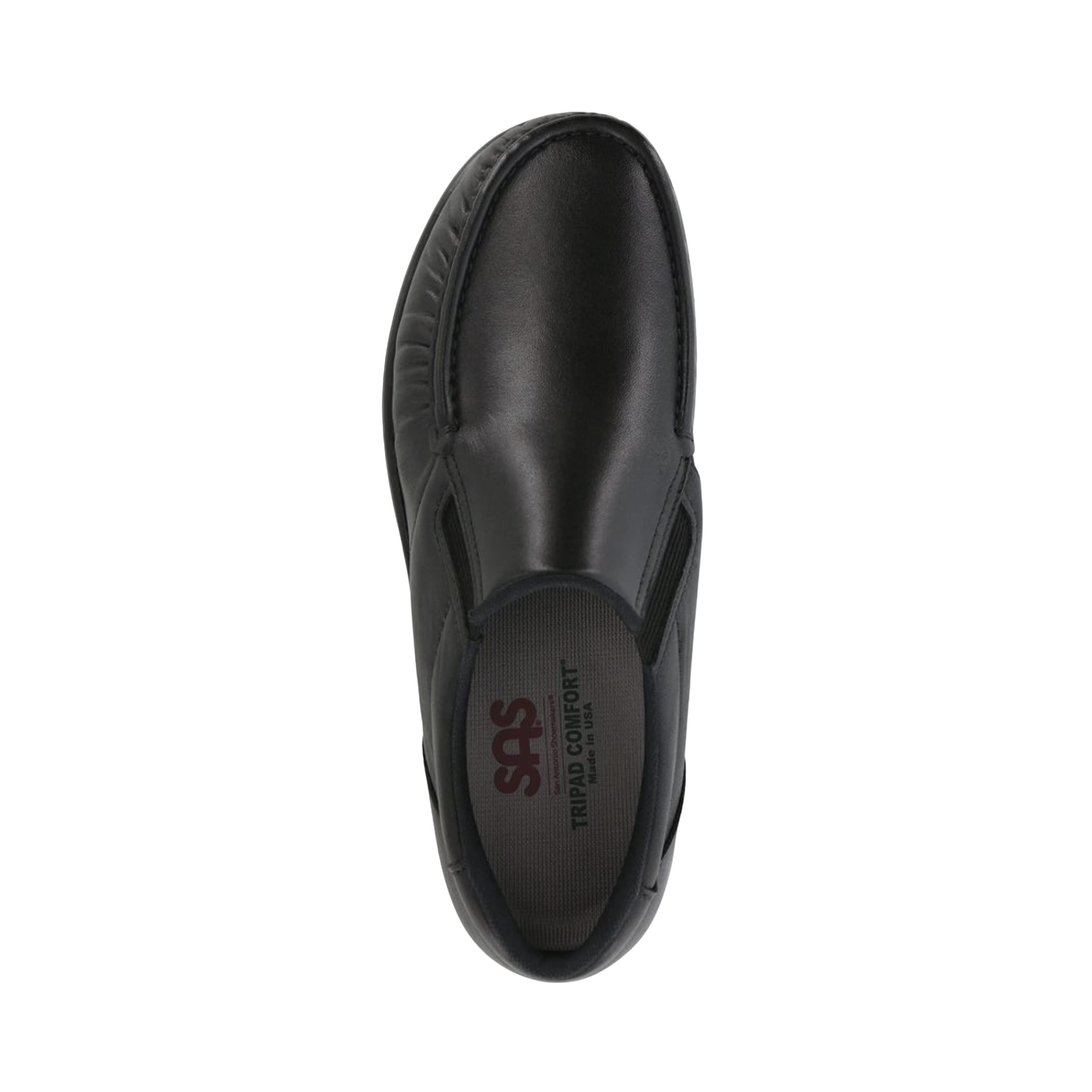 Top View of men's SAS Side Gore slip-on shoe in black smooth leather –  featuring cushioned footbed with arch support, spacious toe box, and padded collar for lasting comfort.