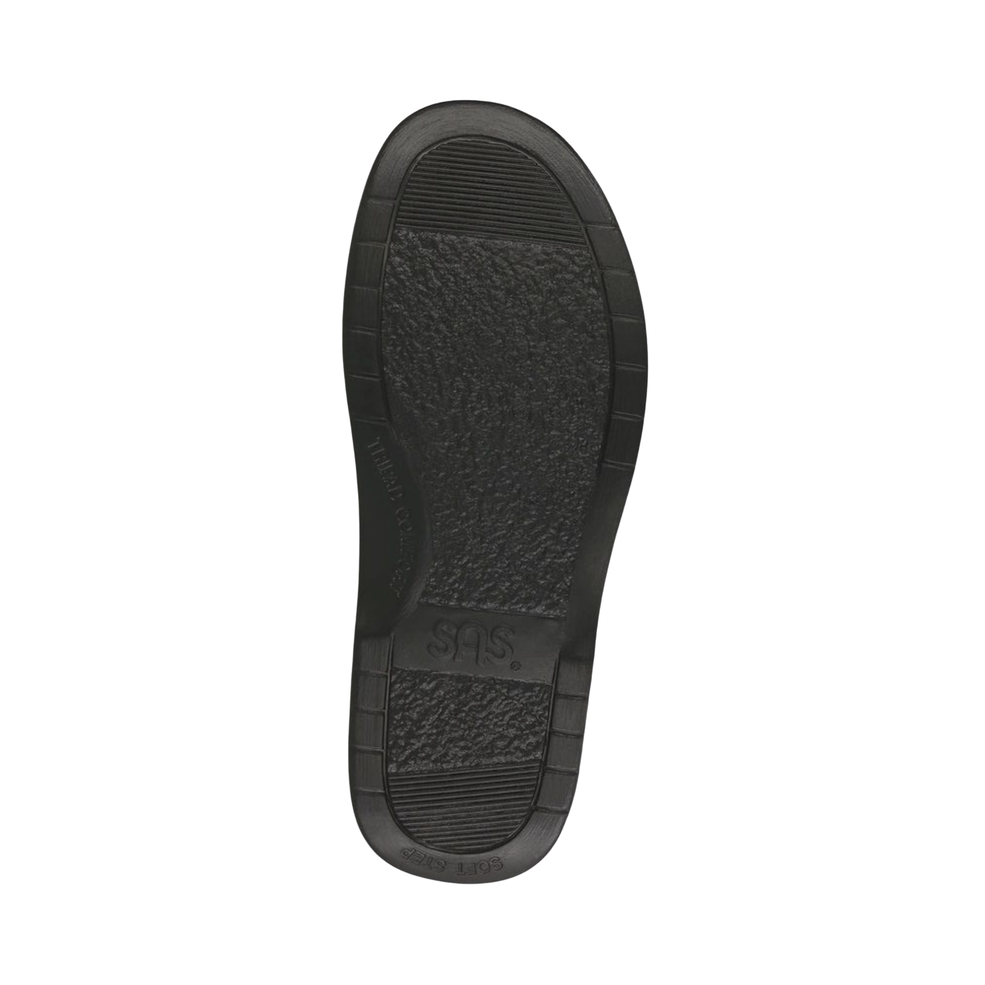Bottom View of men's SAS Side Gore slip-on shoe in black smooth leather –  featuring durable rubber outsole with slip-resistant tread pattern designed for enhanced stability.