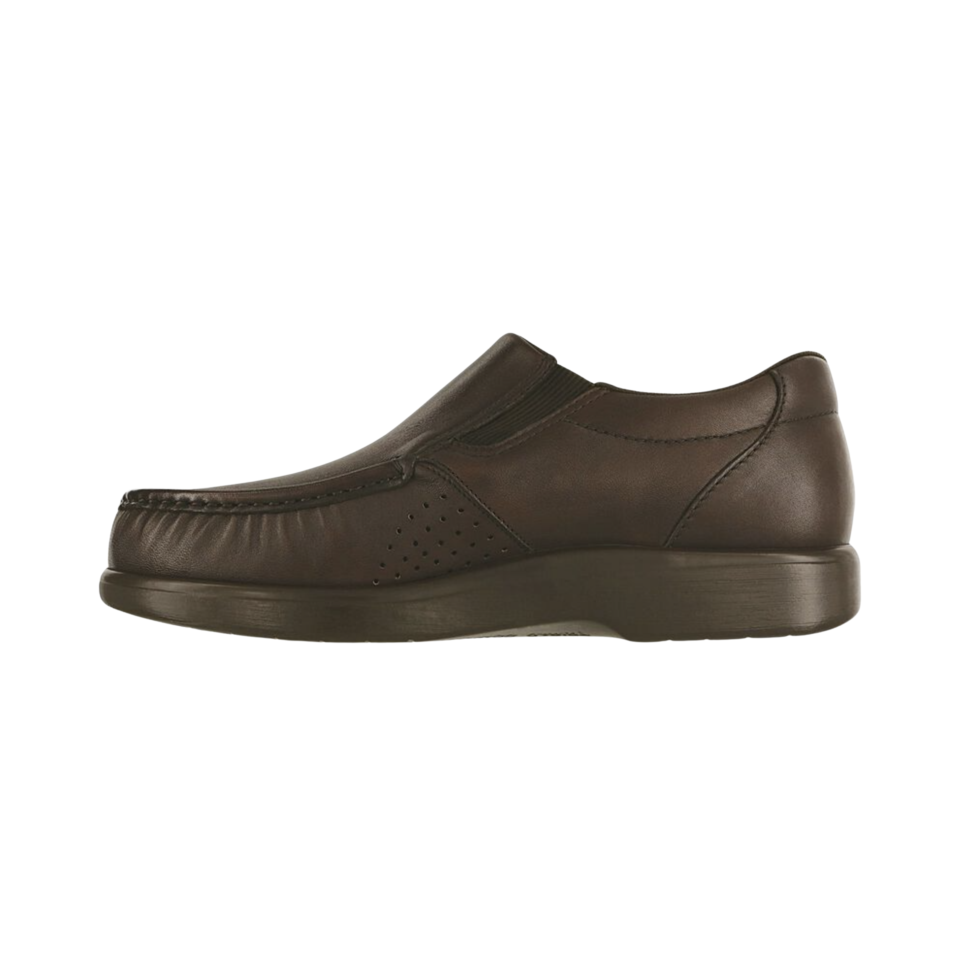 Side View of Men’s SAS Side Gore slip-on shoe in brown – featuring smooth leather finish, elastic side panels for a flexible fit, and lightweight cushioning for enhanced comfort.