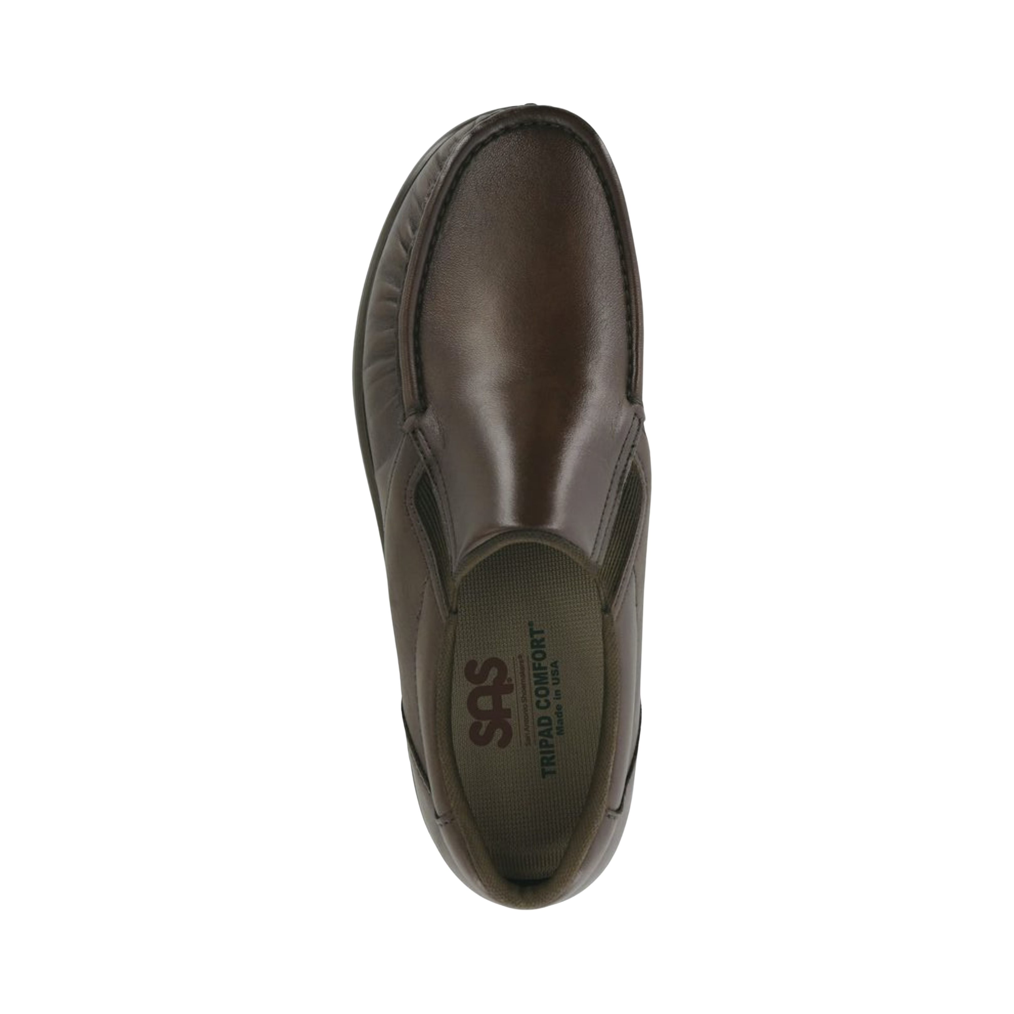 Top View of Men’s SAS Side Gore slip-on shoe in brown – featuring soft leather upper with elastic side gore panels for easy on/off, cushioned removable footbed with arch support, and padded collar for all-day comfort.