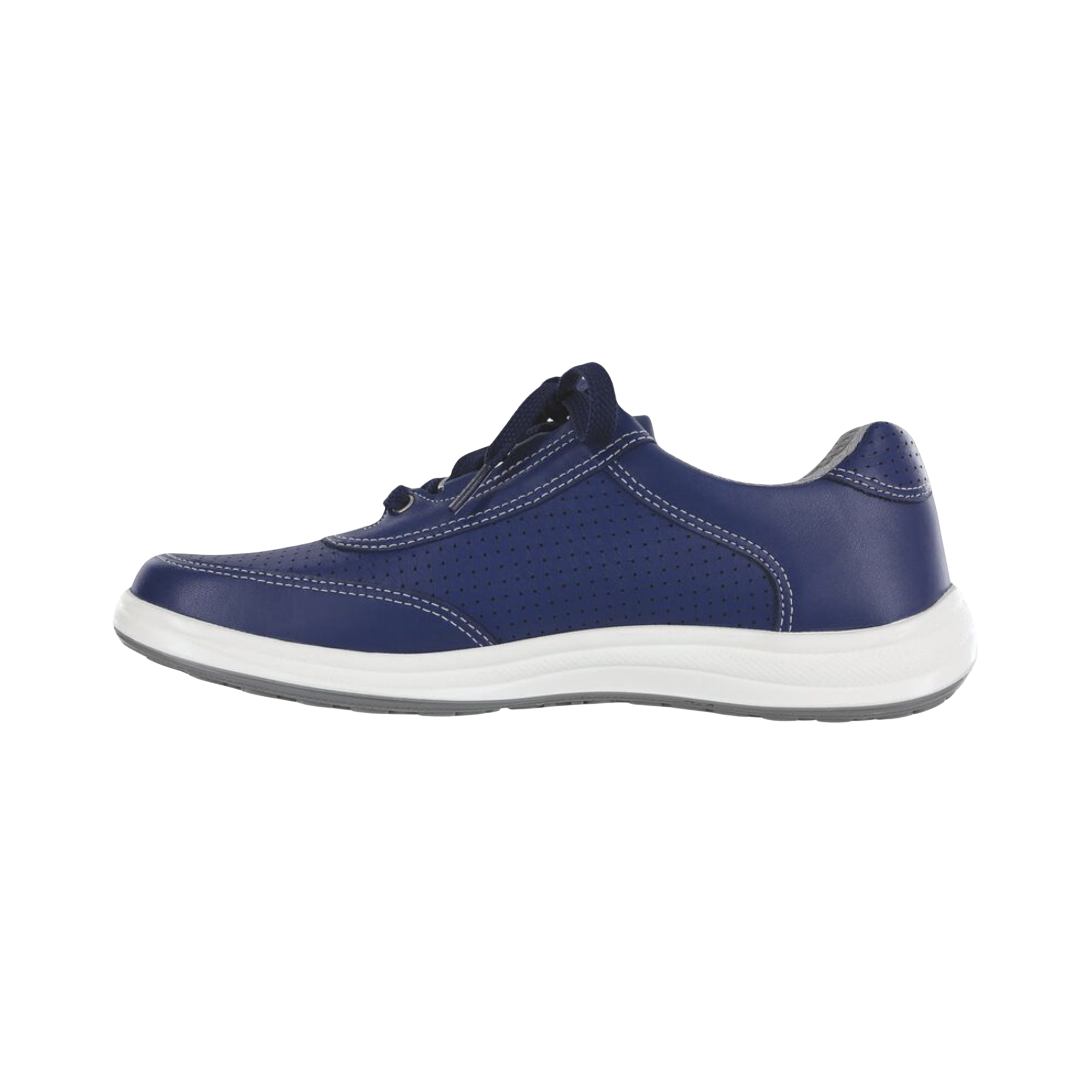 Side view of Women’s SAS Sporty Lux Sneaker in Blue Perf – featuring breathable perforations, cushioned midsole, and smooth leather finish.