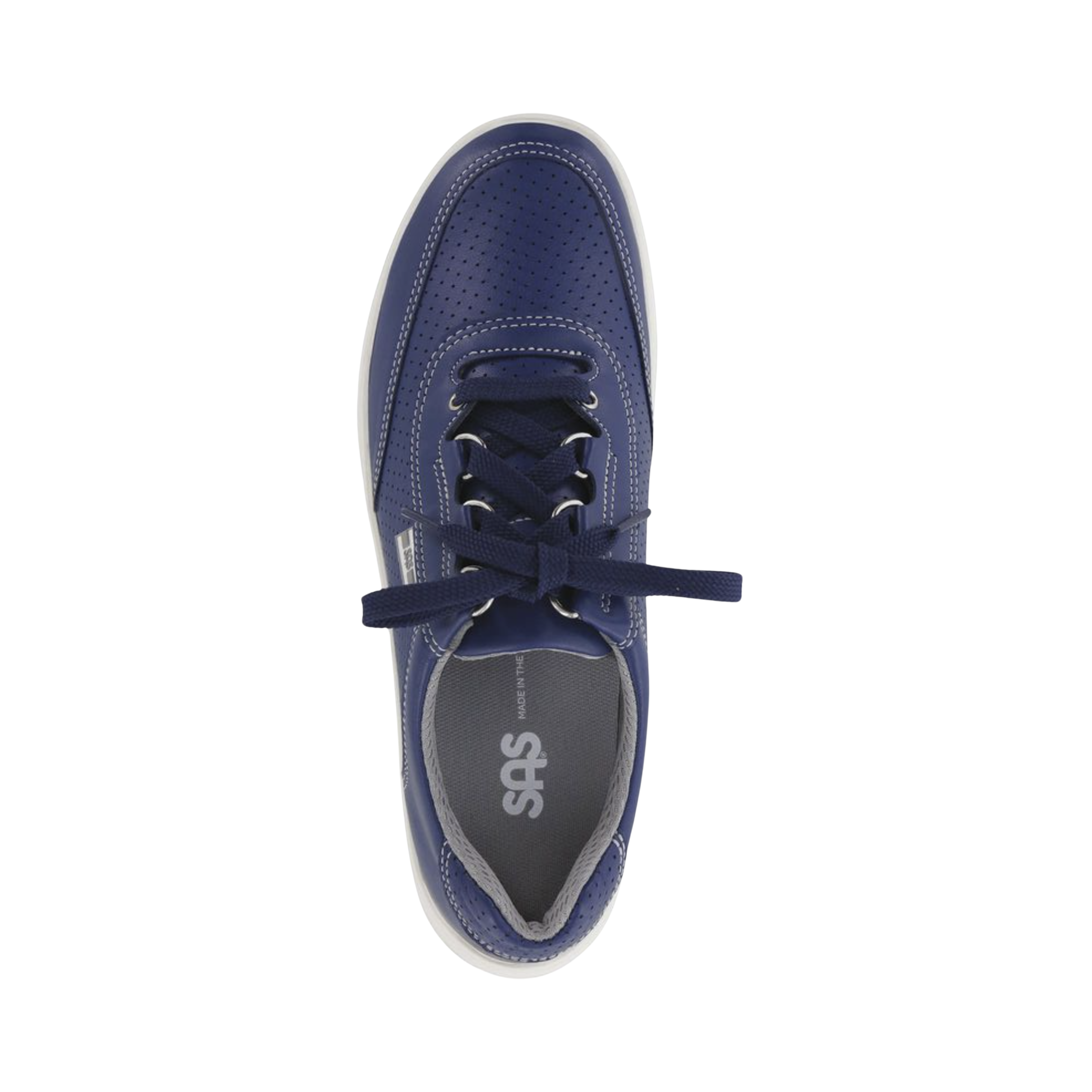 Top view of Women’s SAS Sporty Lux Sneaker in Blue Perf – featuring a perforated leather upper, padded tongue, and traditional lace-up closure for a secure and supportive fit.
