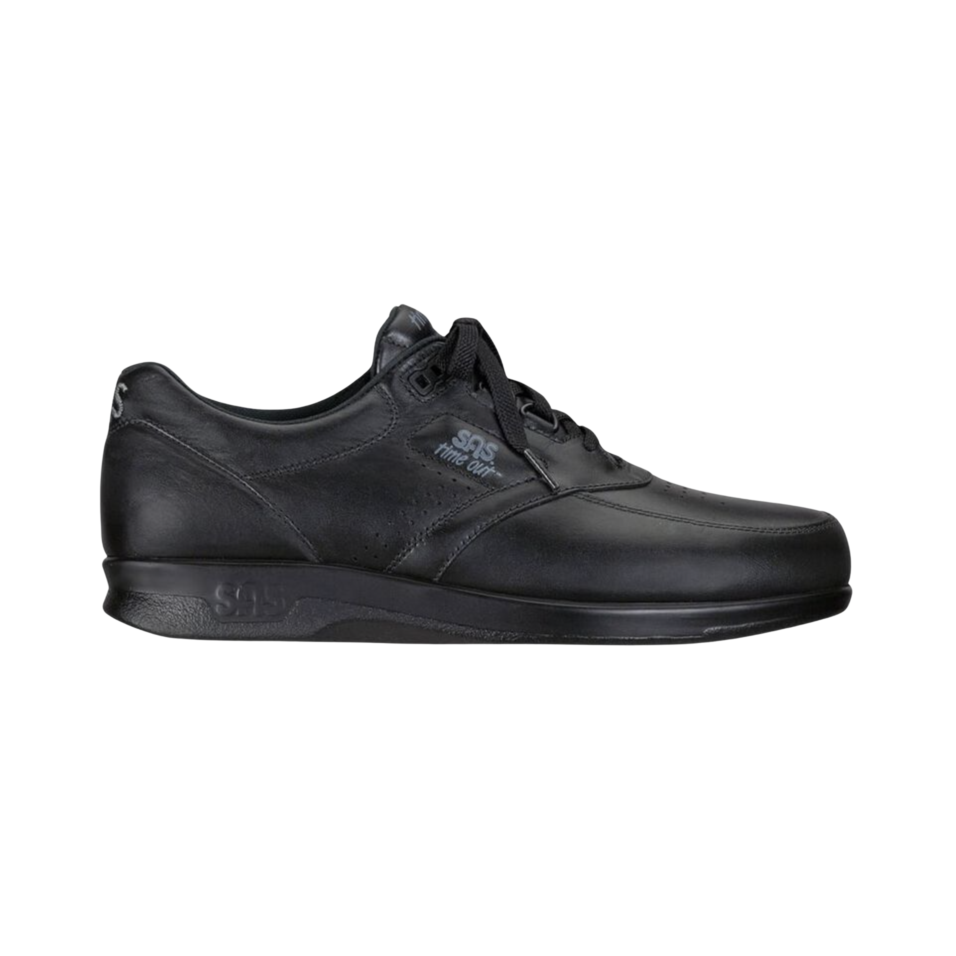 Side view of Men’s SAS Time Out shoe in black – featuring premium leather upper, extra-depth design for a roomy fit, and plush tongue padding for superior comfort and support.