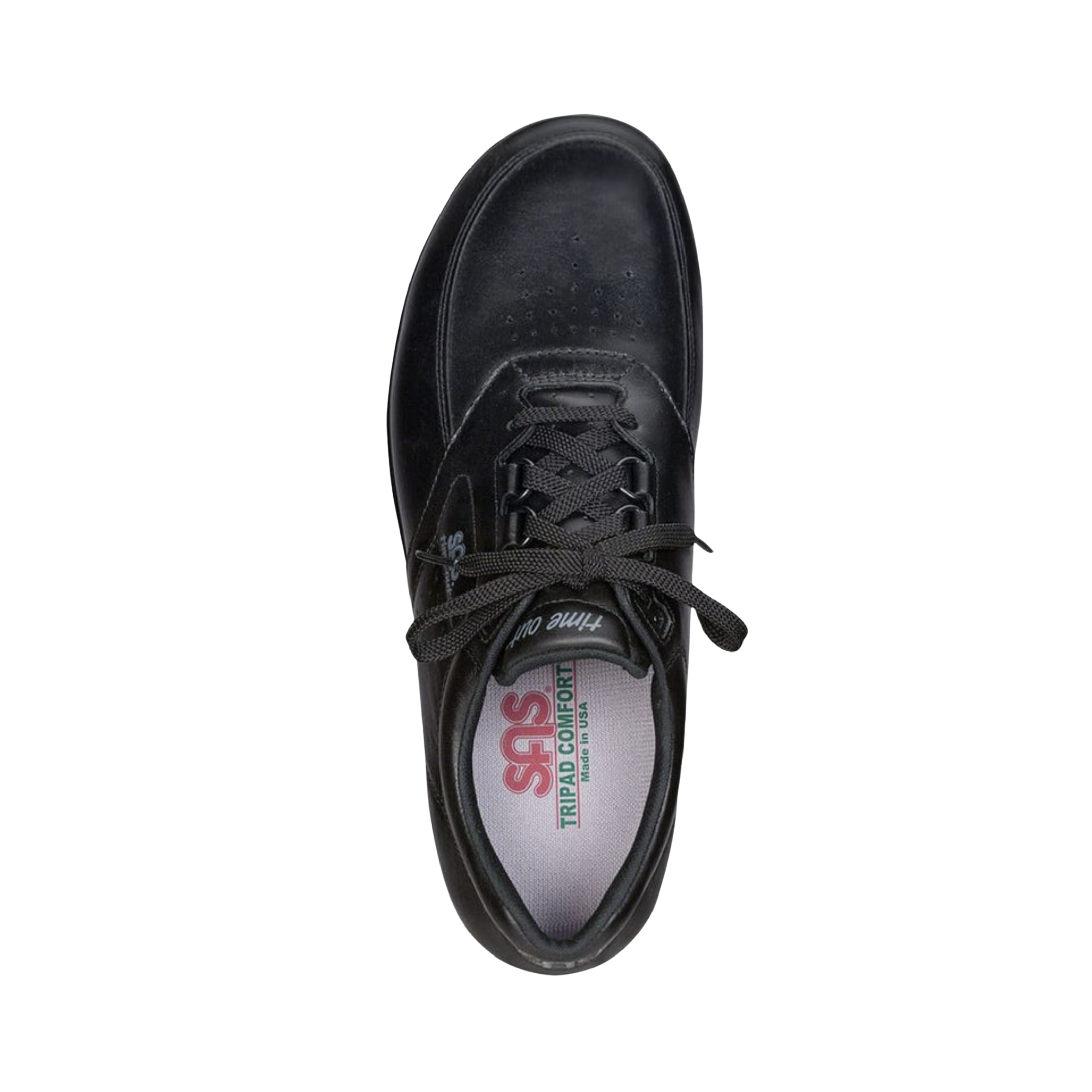 Top view of Men’s SAS Time Out shoe in black – featuring premium leather upper, extra-depth design for a roomy fit, and plush tongue padding for superior comfort and support.