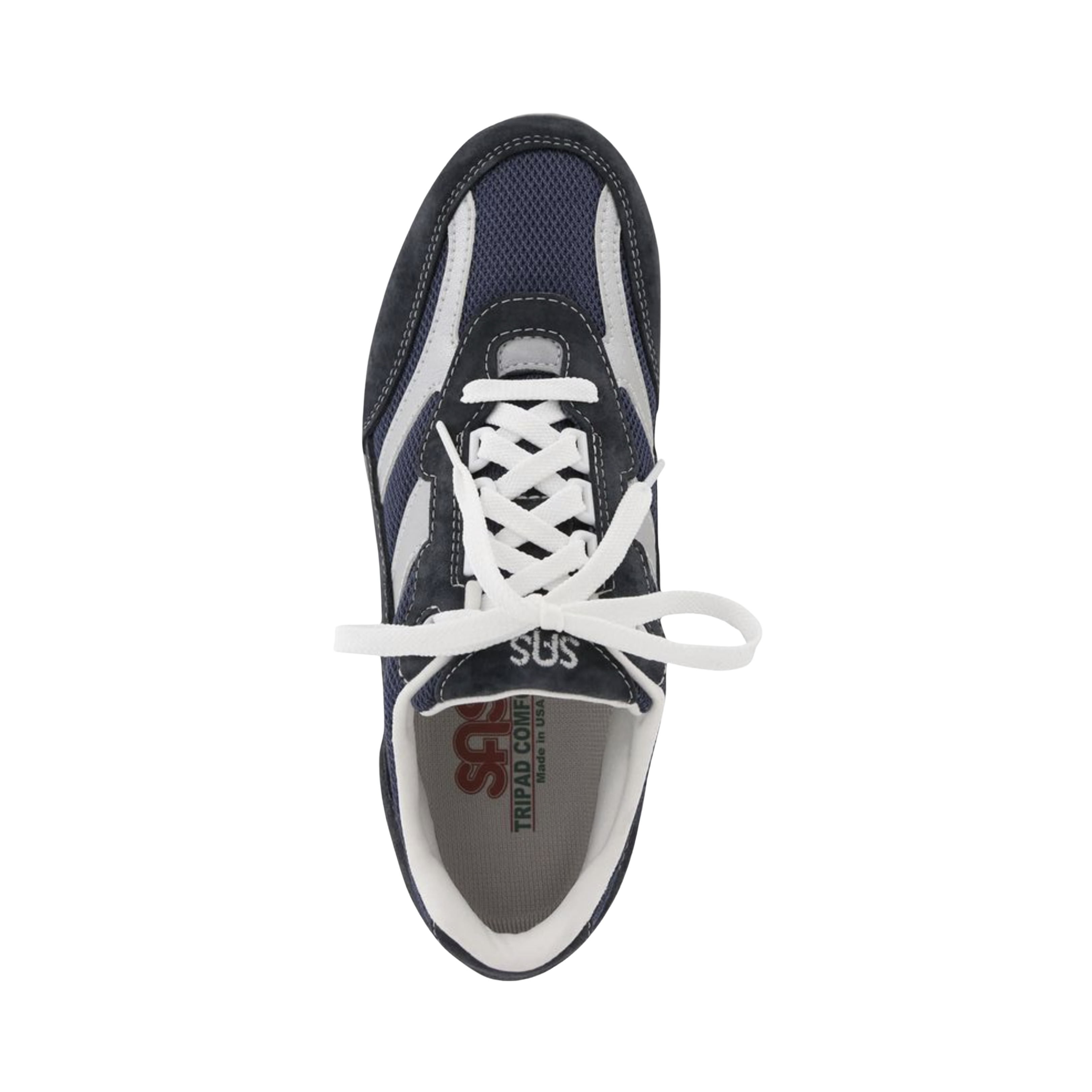 Top View of Women’s SAS Tour Mesh Sneaker in blue – featuring breathable mesh upper for ventilation, EZ Lace™ system for quick secure lacing, and a removable contoured footbed providing arch support and cushioning.