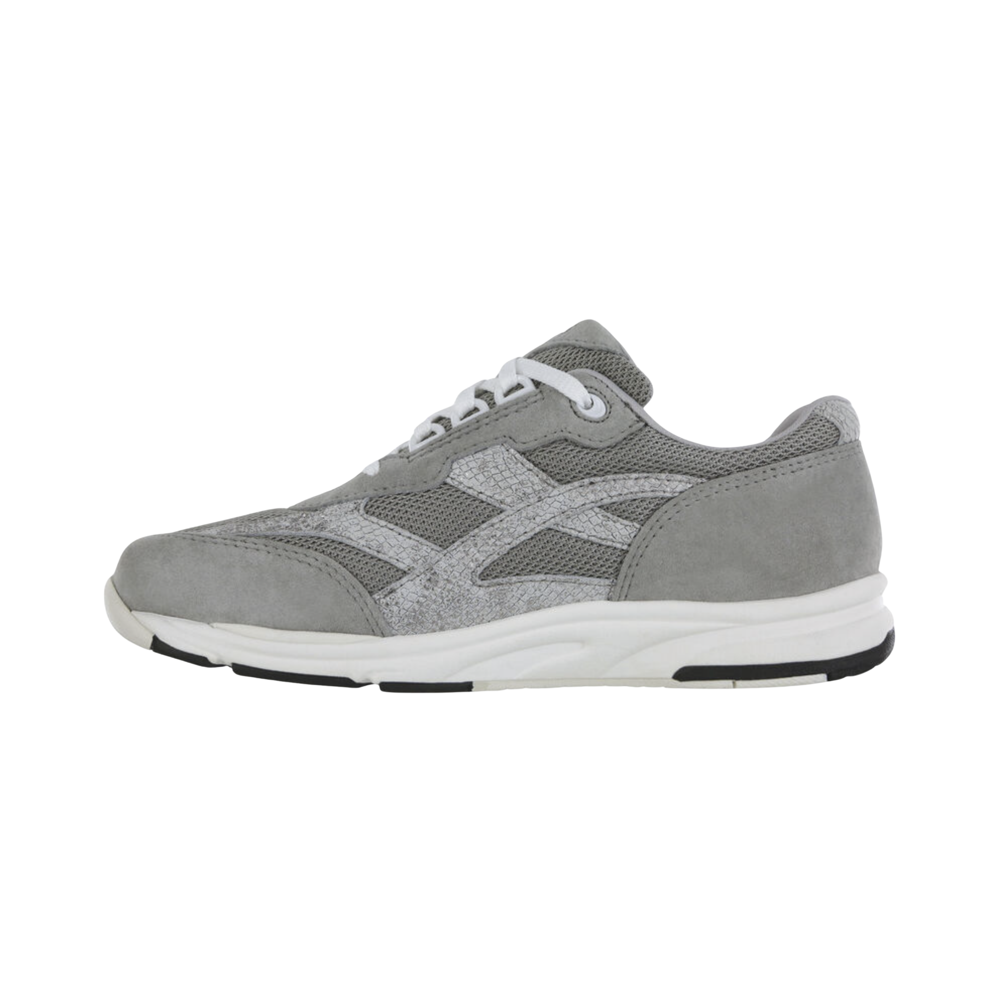 Side View of Women’s SAS Tour Mesh Sneaker in Plata Mix – featuring lightweight, shock-absorbing sole to reduce foot fatigue, breathable mesh panels for ventilation, and a sleek athletic silhouette combining style and support.