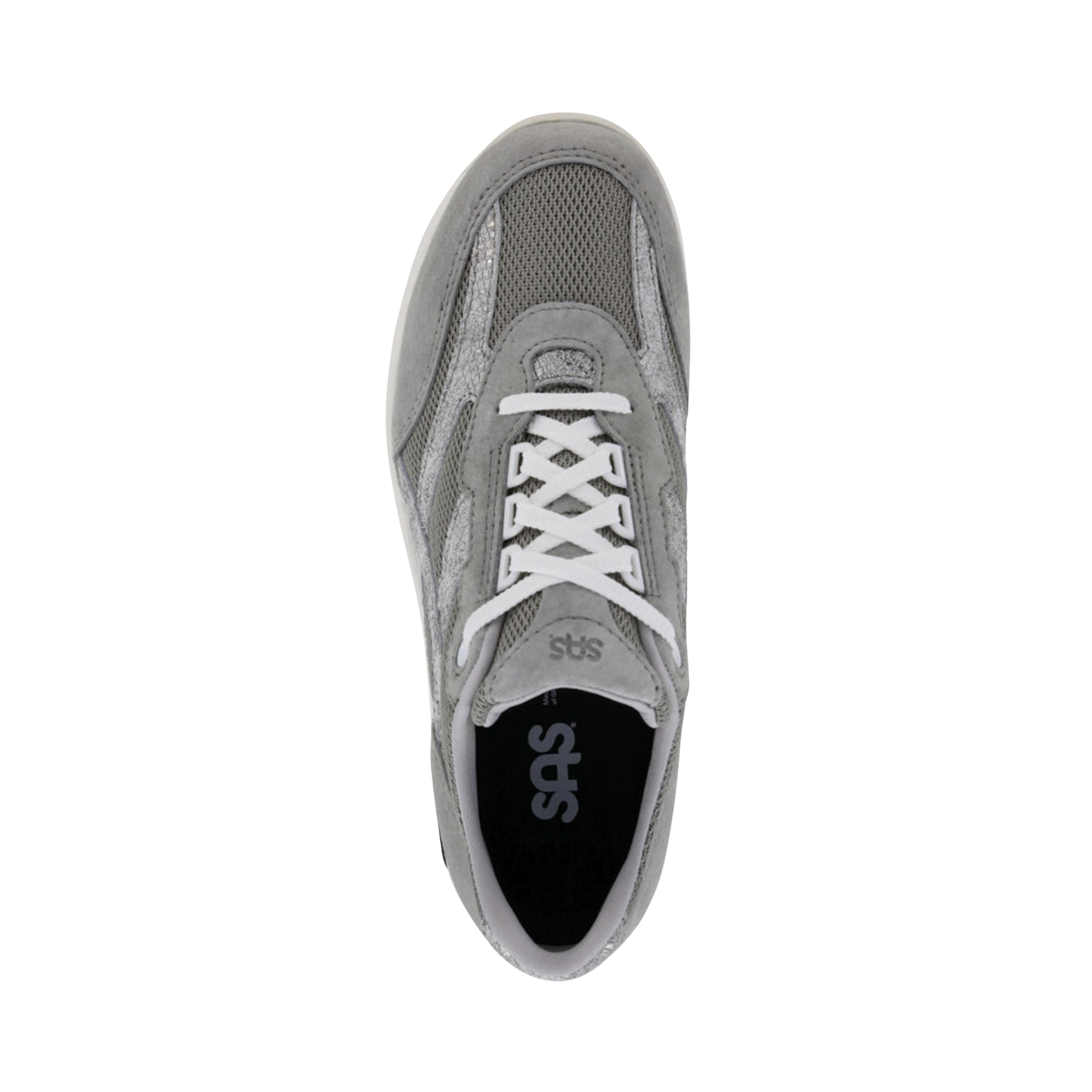 Top View of Women’s SAS Tour Mesh Sneaker in Plata Mix – featuring breathable mesh upper that keeps feet cool and comfortable, EZ Lace™ system for quick and secure lacing, and a removable contoured footbed for arch support and cushioning.