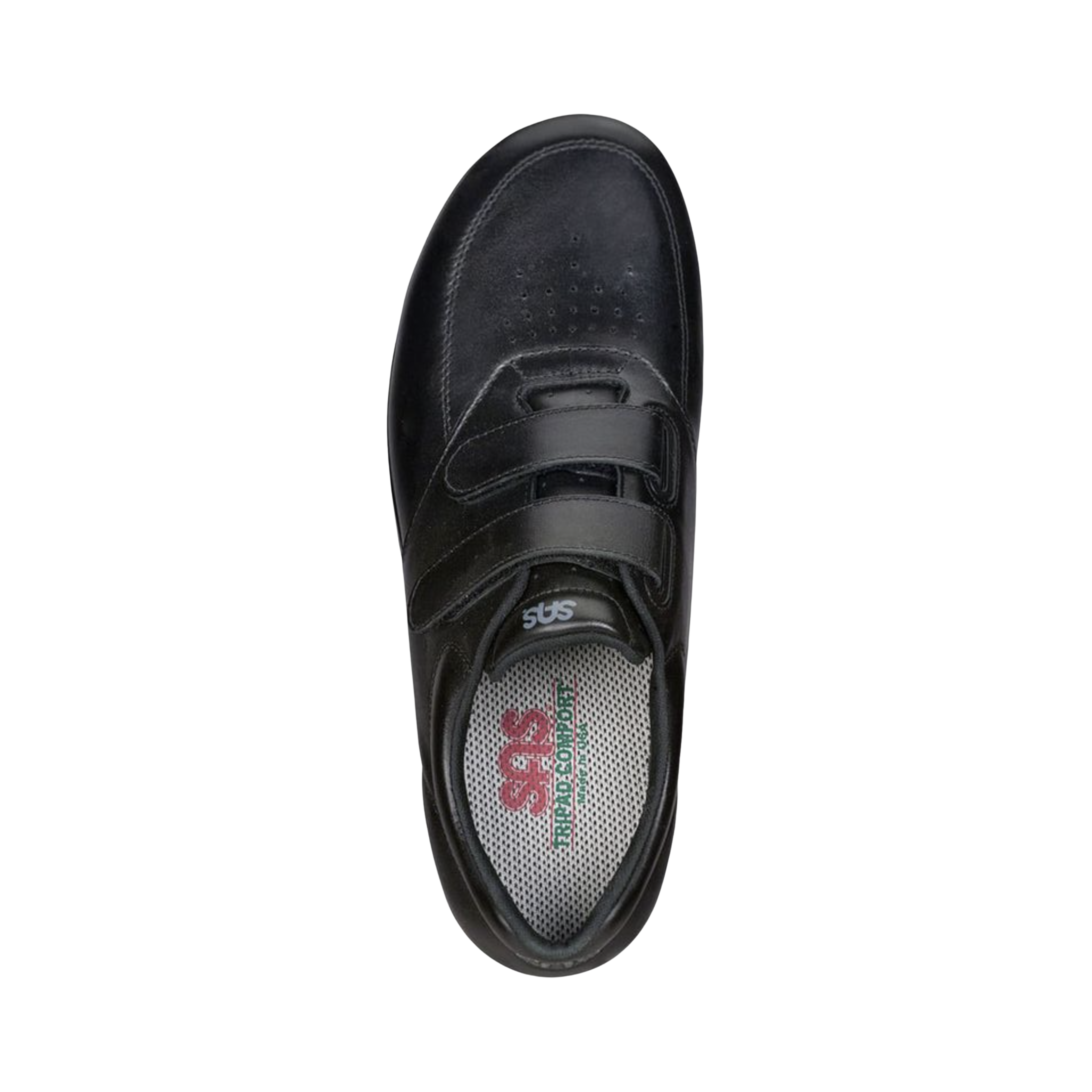 Top View of Men’s SAS VTO sneaker in black – featuring breathable mesh upper with supportive overlays, cushioned removable footbed with arch support, and padded tongue for enhanced comfort.
