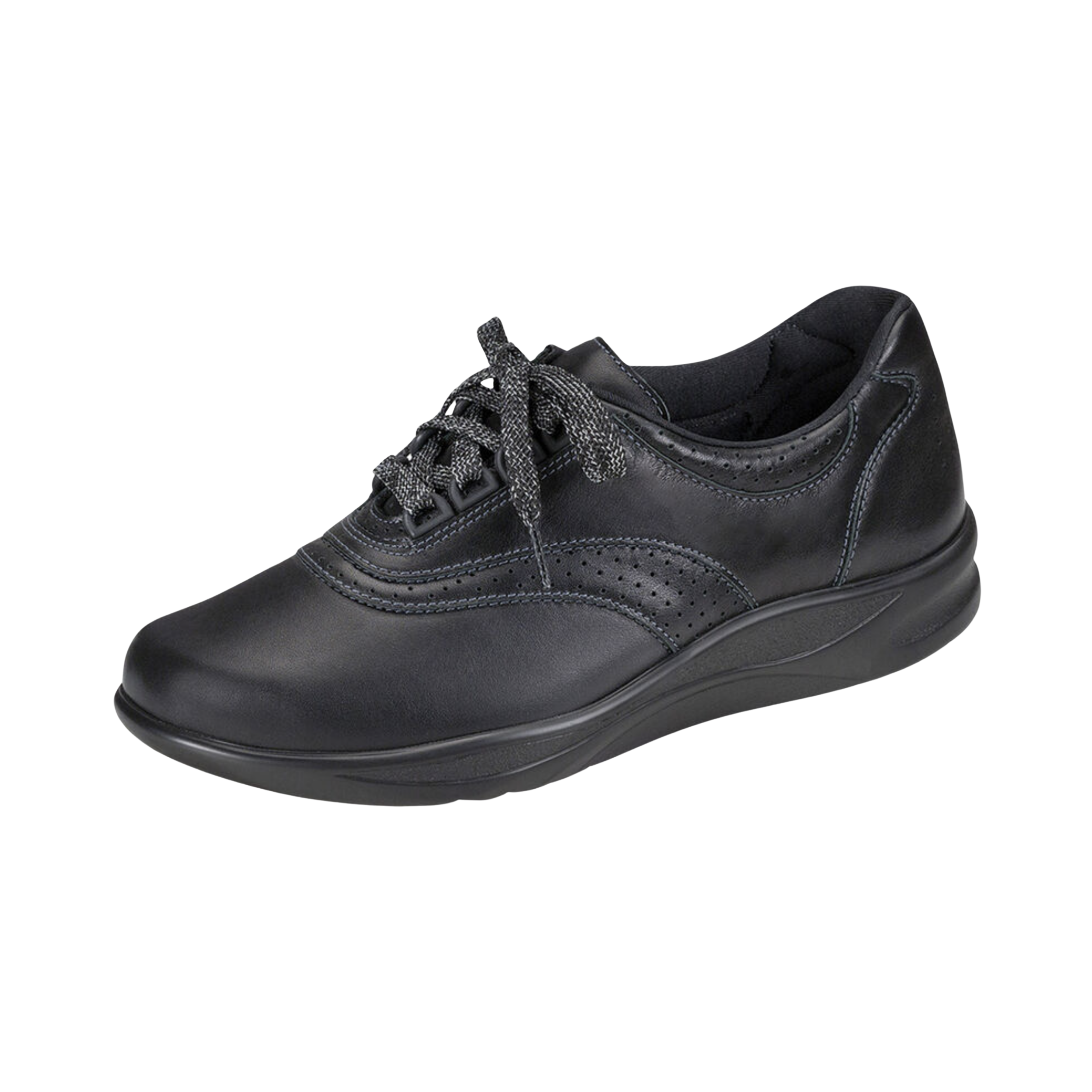Angled View of Women’s SAS Walk Easy Black in black – featuring sleek silhouette, adjustable straps, cushioned footbed, and flexible sole for all-day wear.