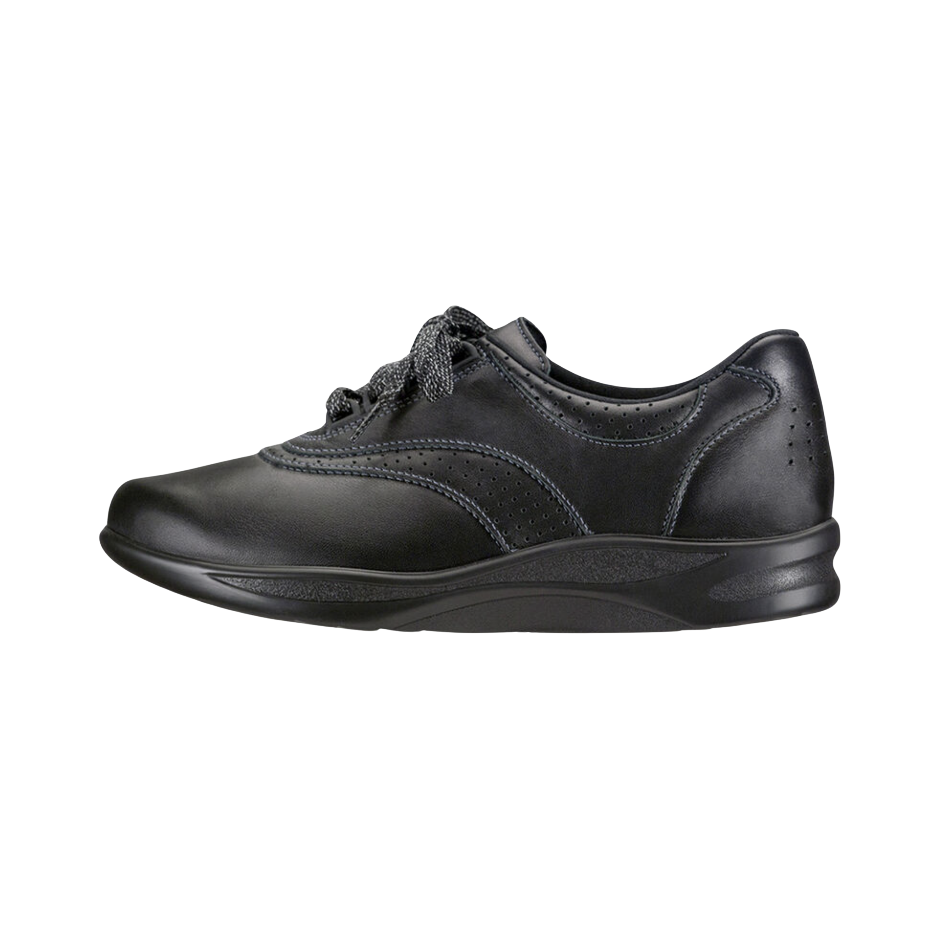 Side View of Women’s SAS Walk Easy Black in black – featuring adjustable straps for a secure fit, supportive arch, and lightweight flexible sole for smooth movement.