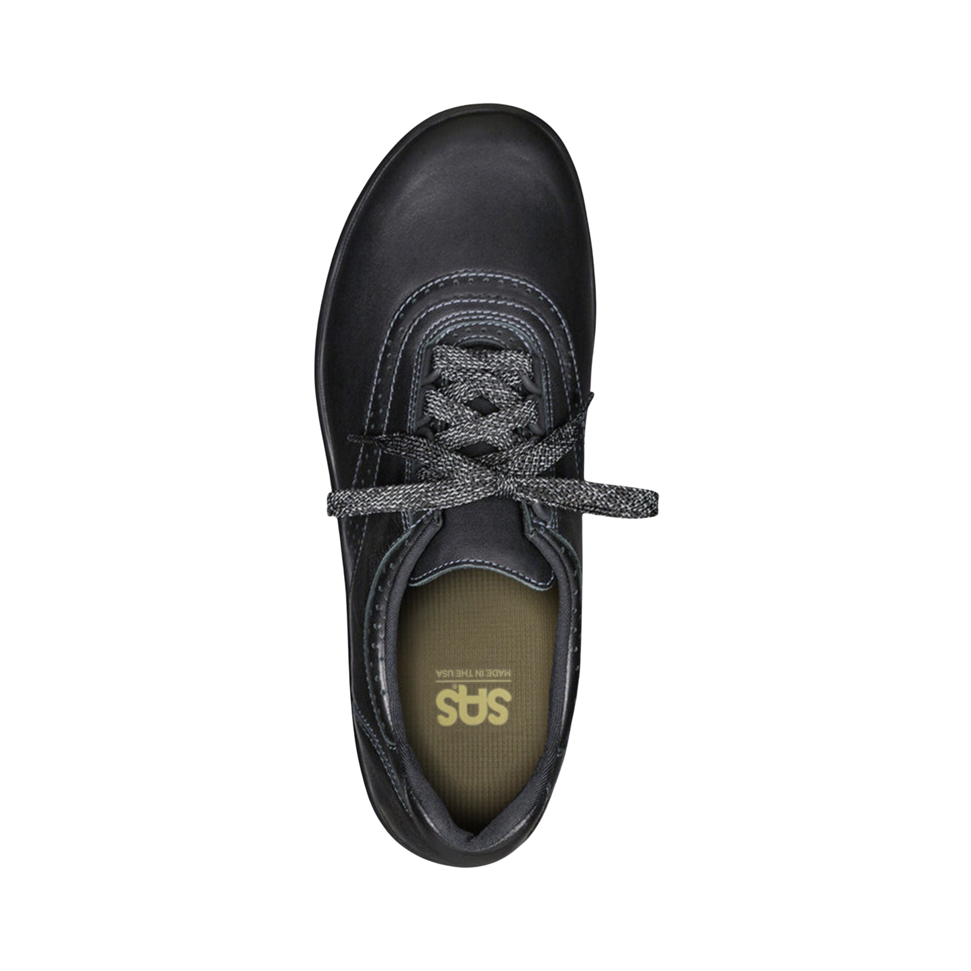 Top View of Women’s SAS Walk Easy Black in black – featuring soft leather upper, cushioned footbed for enhanced comfort, and breathable lining to keep feet dry.