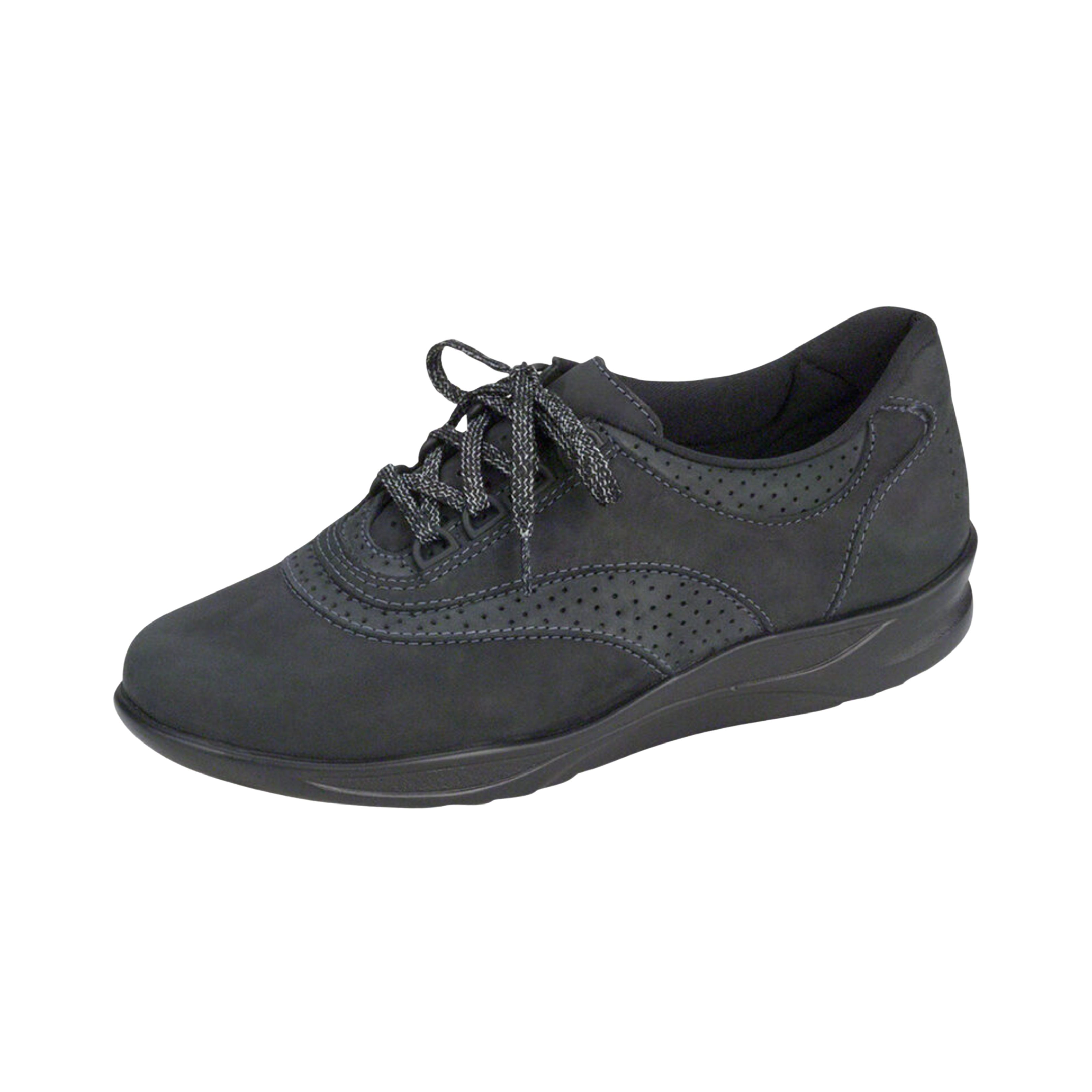 Angled View of Women’s SAS Walk Easy in nero – featuring sleek design with supportive straps, cushioned footbed, and flexible sole for all-day wear.